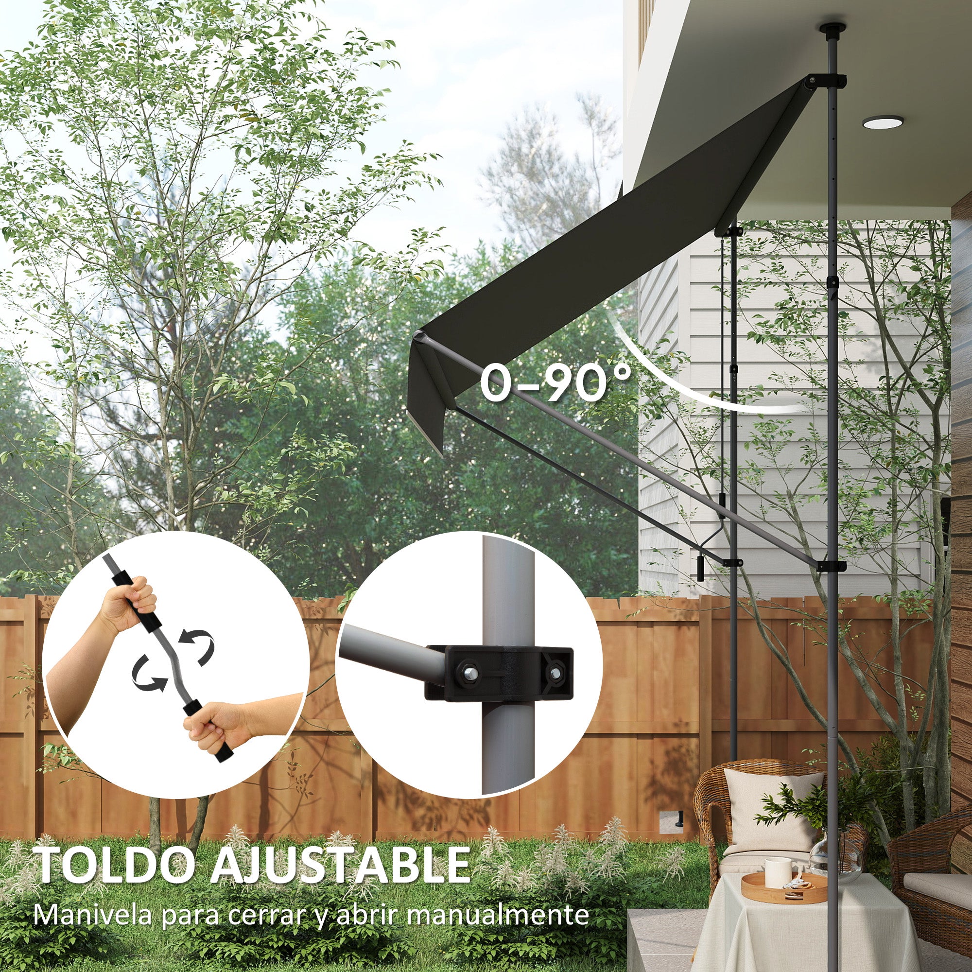 Manual Retractable Awning 2x1.2 m Outdoor Patio Roll-Up Awning Adjustable Height with Crank 210-310 cm UV30+ Protection Drill-Free for Garden Balcony Patio Black