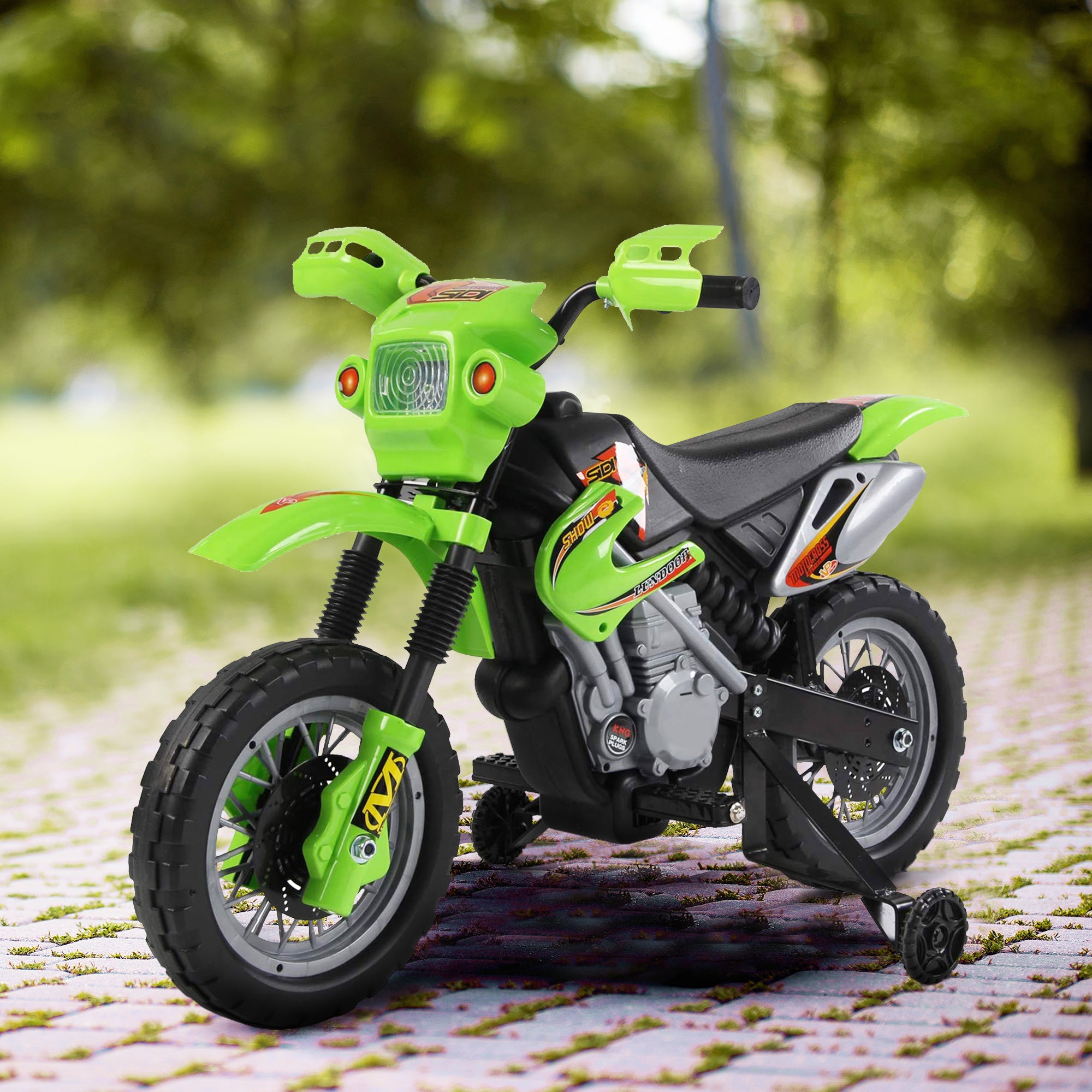 Children's Electric Motorcycle, Cross Motorcycle for Children with 6V Battery, Headlights, Music, and Training Wheels, 3 to 6 Years, Load 25KG, Green and Black
