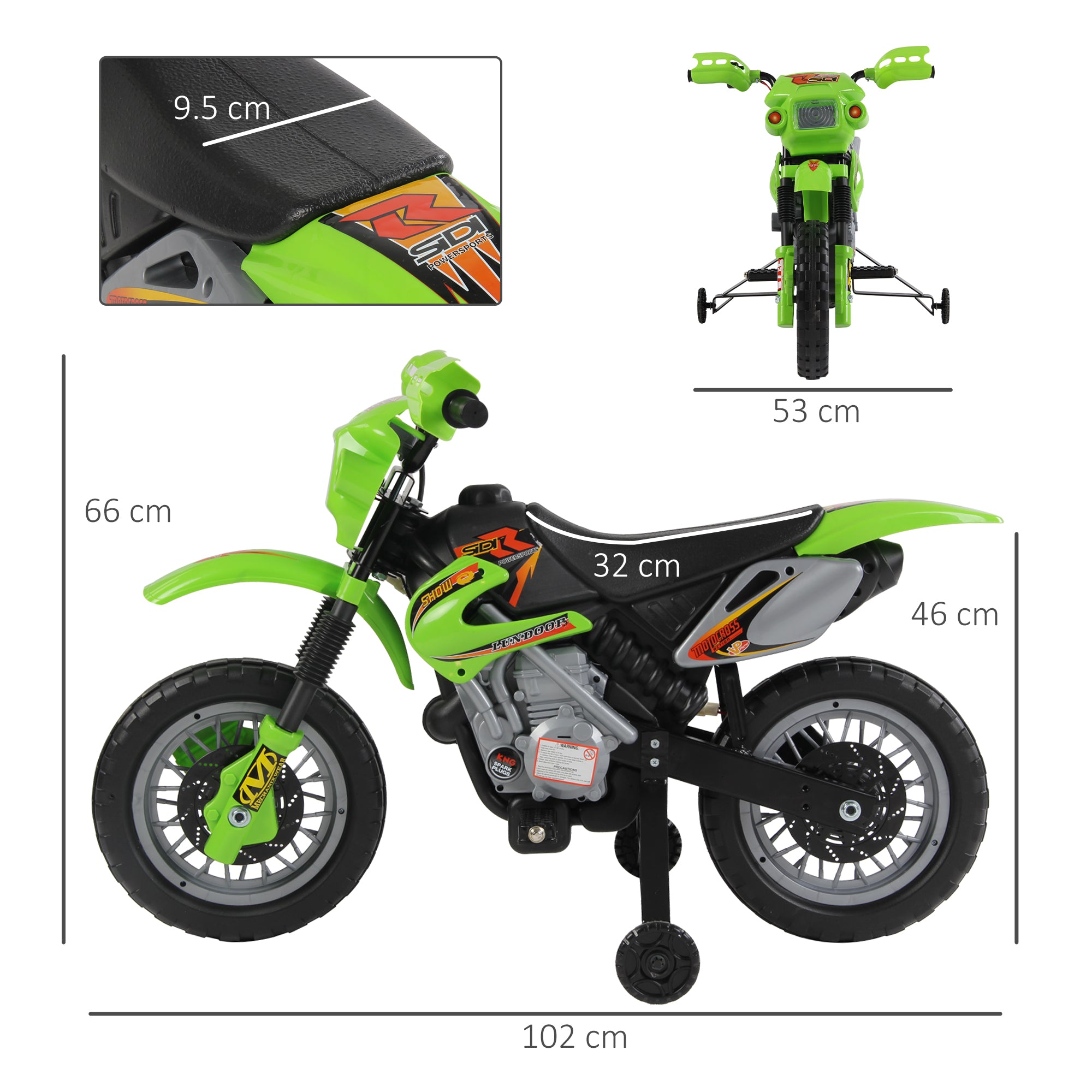 Children's Electric Motorcycle, Cross Motorcycle for Children with 6V Battery, Headlights, Music, and Training Wheels, 3 to 6 Years, Load 25KG, Green and Black