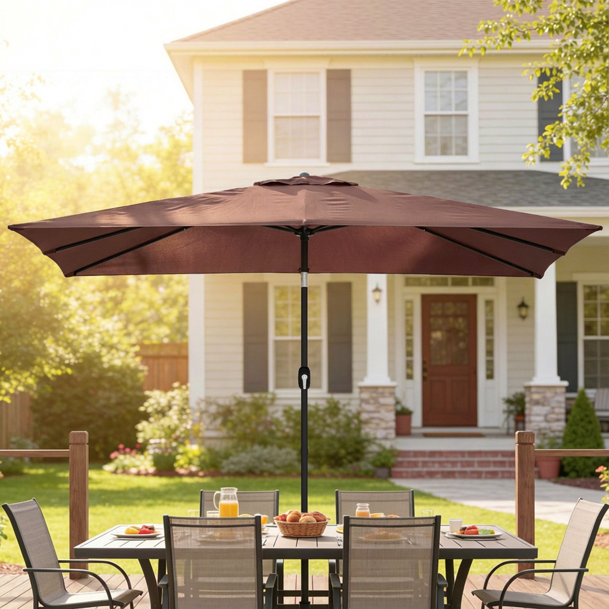 Tilt-Adjustable Rectangular Patio Umbrella 300 x 200 cm with Crank & Cover, UV Protection, Wind-Resistant — Brown