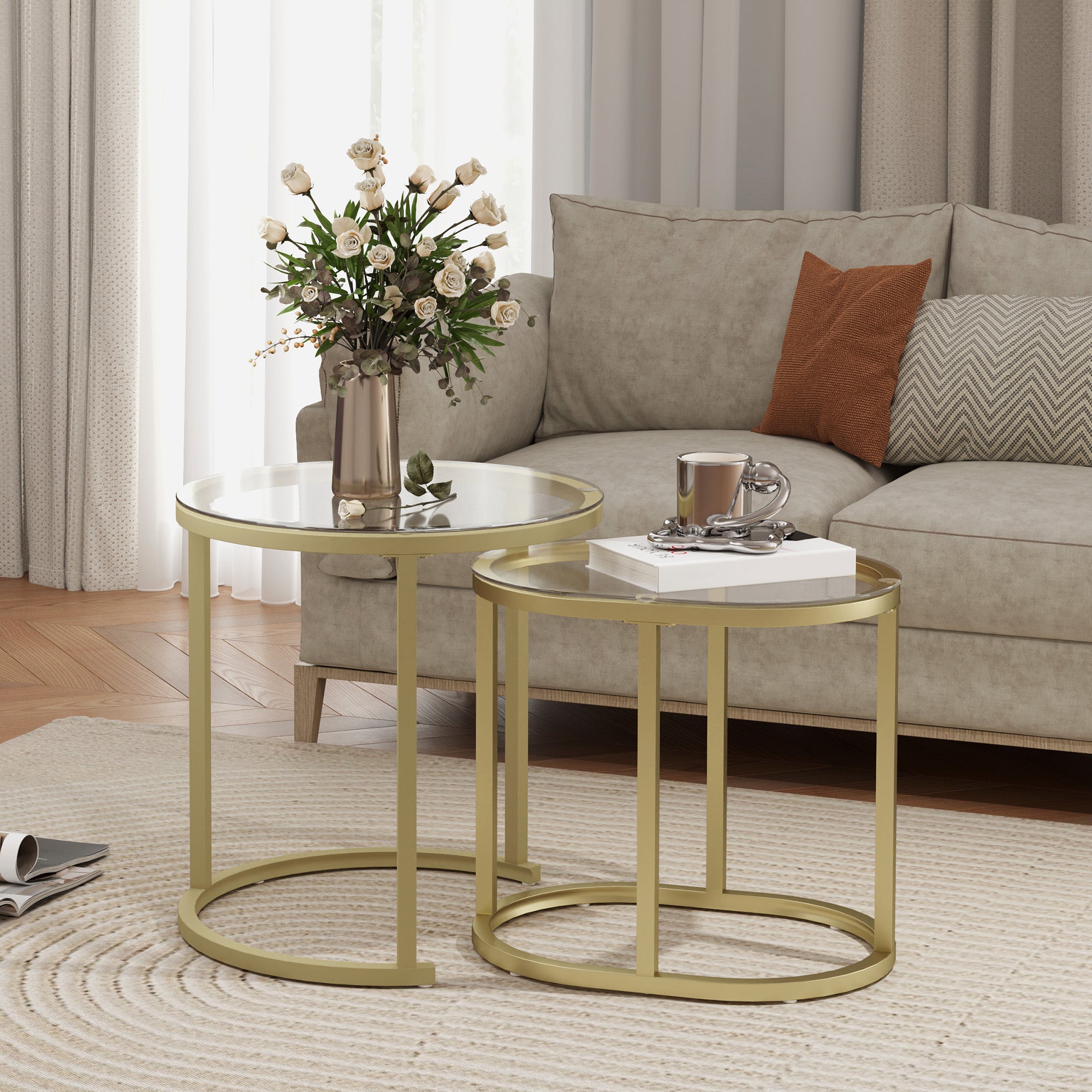Coffee Table Round 2-Piece Set Stackable Side Table with Steel Frame, Living Room Table Coffee Table for Living Room Bedroom Gold
