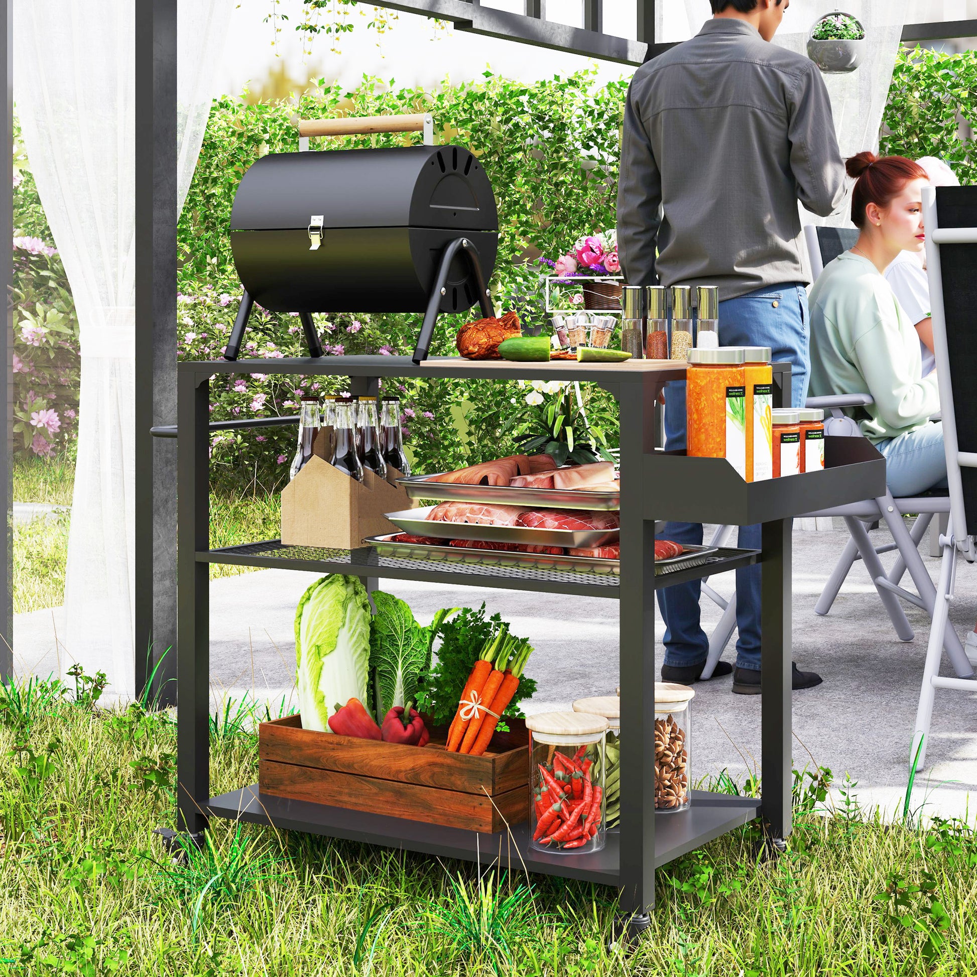 3-Tier BBQ Serving Trolley with Work Surface Shelves Wheels, BBQ Stainless Steel Grill Table, Grill Side Table, Outdoor Cart, Charcoal Grill for Garden, Patio, 105x50x79cm Black