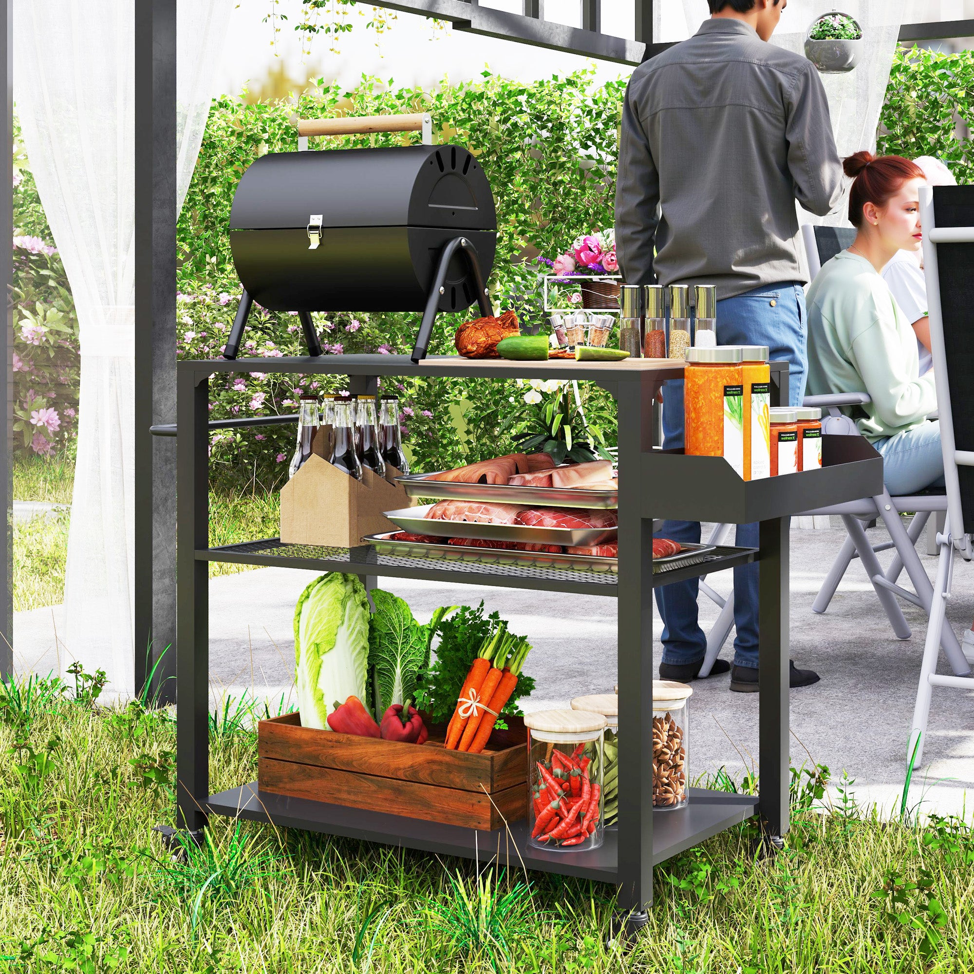 3-Tier BBQ Serving Trolley with Work Surface Shelves Wheels, BBQ Stainless Steel Grill Table, Grill Side Table, Outdoor Cart, Charcoal Grill for Garden, Patio, 105x50x79cm Black