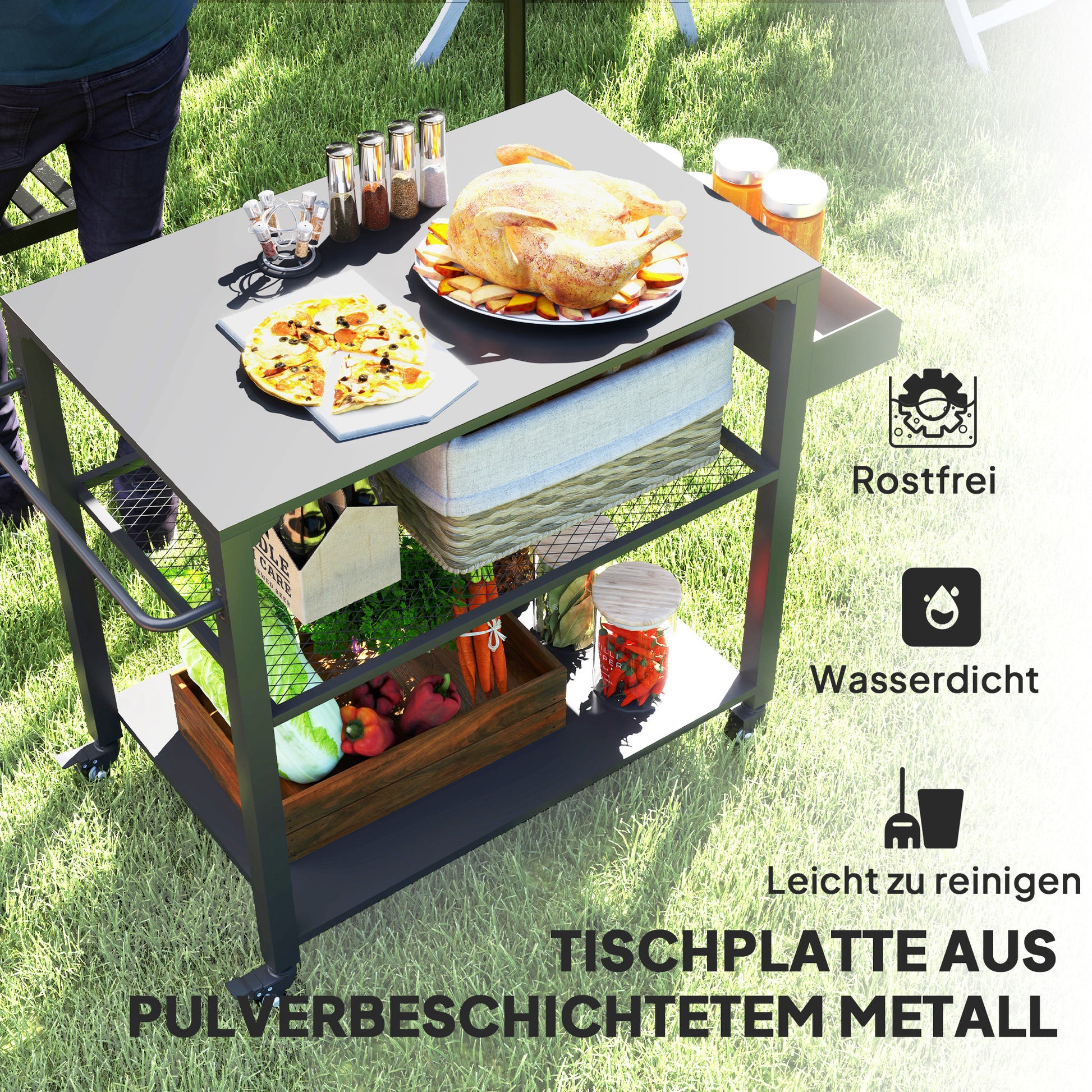 3-Tier BBQ Serving Trolley with Work Surface Shelves Wheels, BBQ Stainless Steel Grill Table, Grill Side Table, Outdoor Cart, Charcoal Grill for Garden, Patio, 105x50x79cm Black