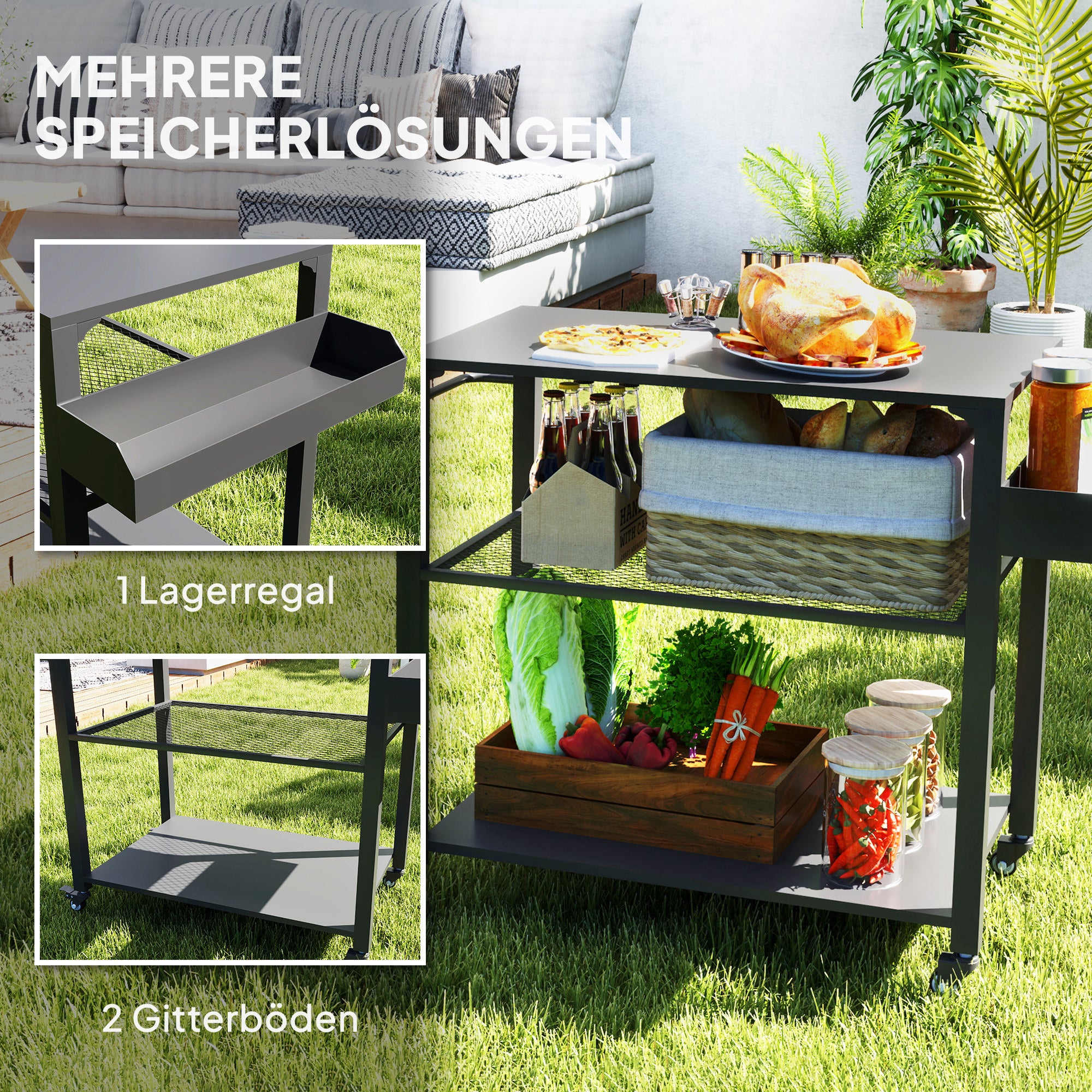 3-Tier BBQ Serving Trolley with Work Surface Shelves Wheels, BBQ Stainless Steel Grill Table, Grill Side Table, Outdoor Cart, Charcoal Grill for Garden, Patio, 105x50x79cm Black