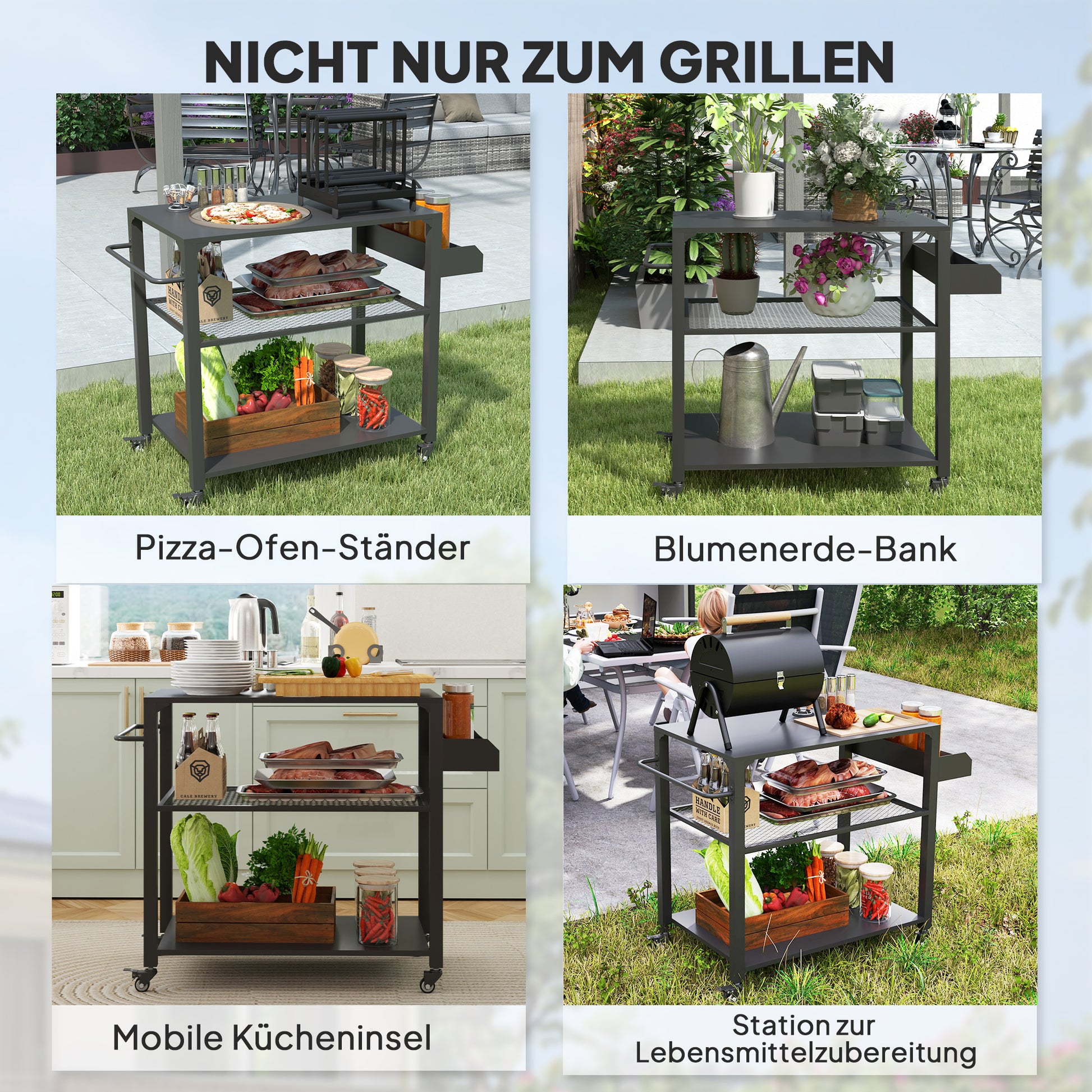 3-Tier BBQ Serving Trolley with Work Surface Shelves Wheels, BBQ Stainless Steel Grill Table, Grill Side Table, Outdoor Cart, Charcoal Grill for Garden, Patio, 105x50x79cm Black