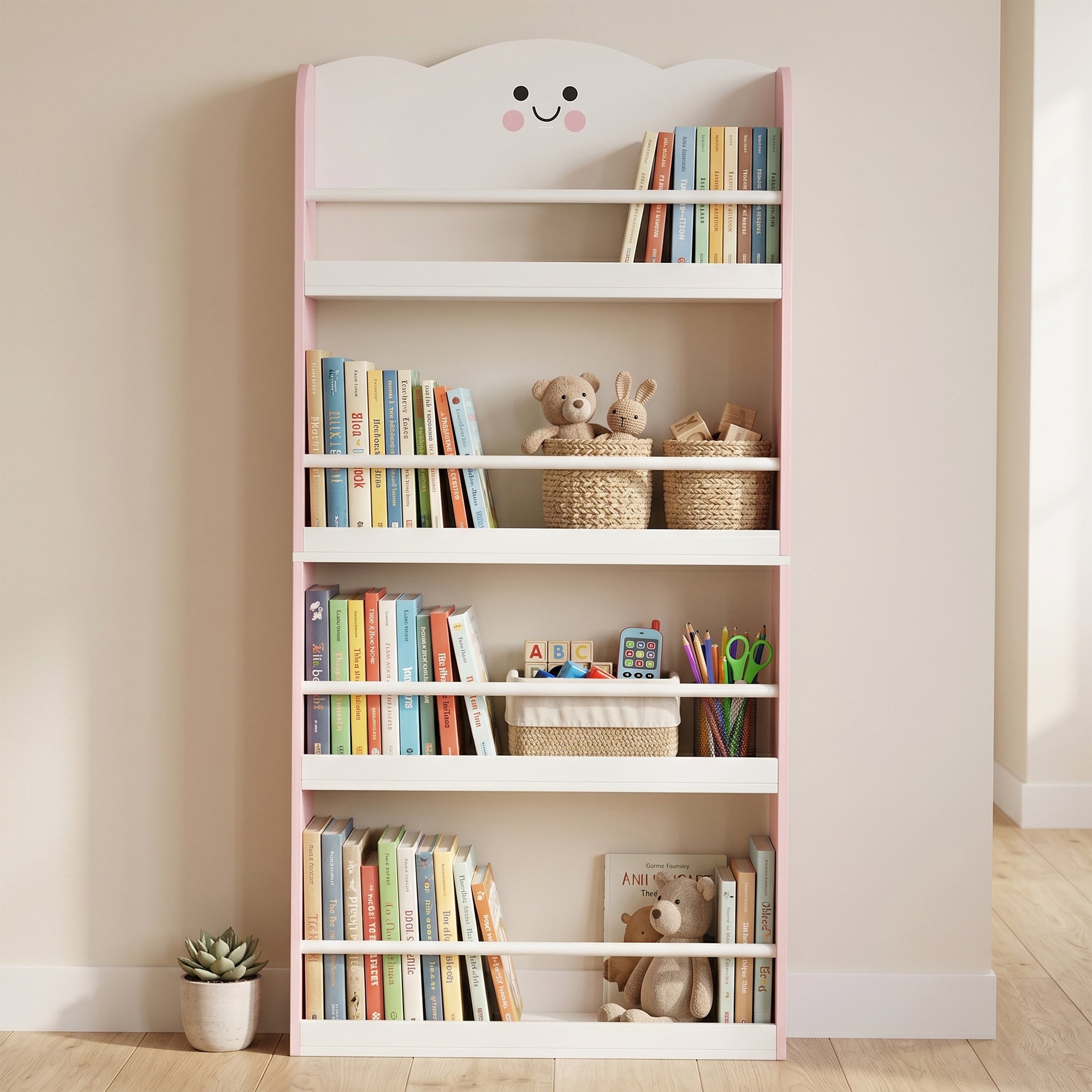 Wall-Mounted Kids Bookshelf, 4-Tier Pink Cotton Candy-Themed Storage Shelf for Playroom & Bedroom