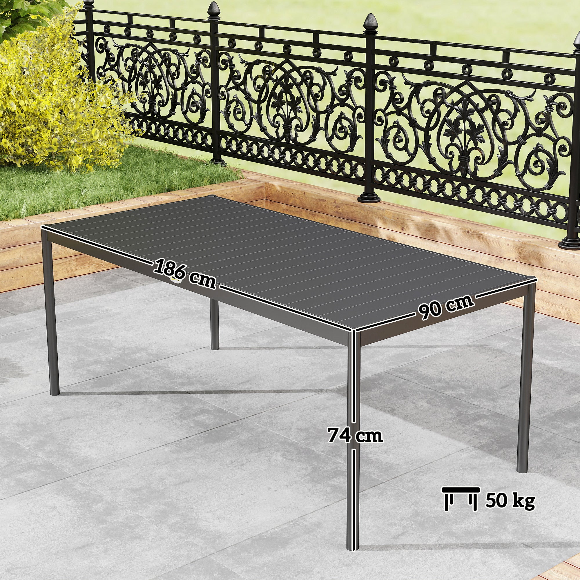 Steel Outdoor Dining Table, Garden Table for 8 Persons with Rectangular Slatted Top, Anti-Rust and Weather-Resistant, for Patio, Terrace, Dark Gray