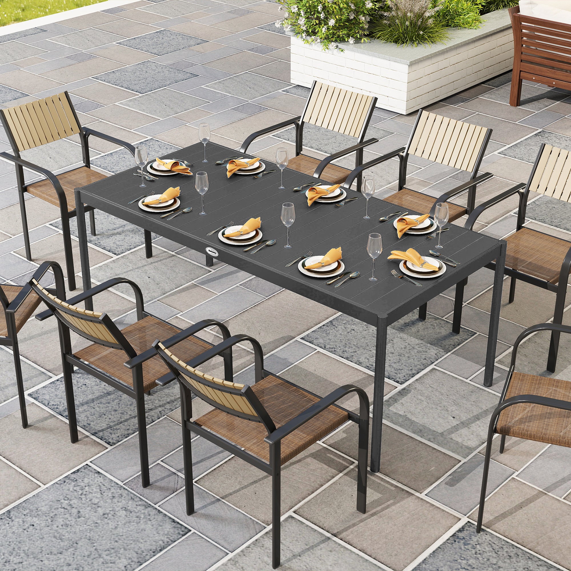 Steel Outdoor Dining Table, Garden Table for 8 Persons with Rectangular Slatted Top, Anti-Rust and Weather-Resistant, for Patio, Terrace, Dark Gray