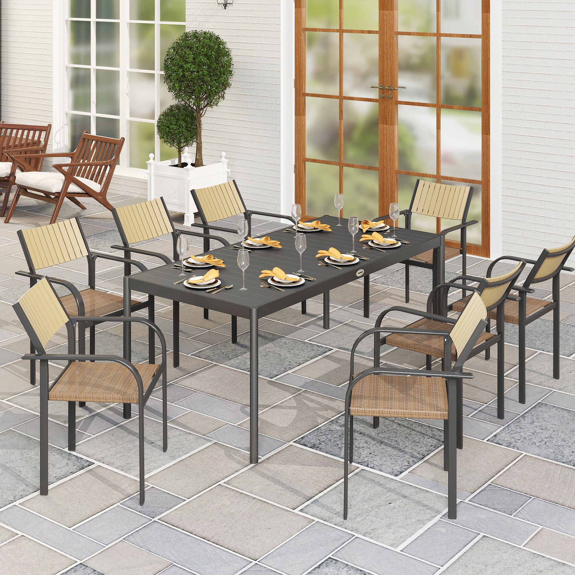 Steel Outdoor Dining Table, Garden Table for 8 Persons with Rectangular Slatted Top, Anti-Rust and Weather-Resistant, for Patio, Terrace, Dark Gray