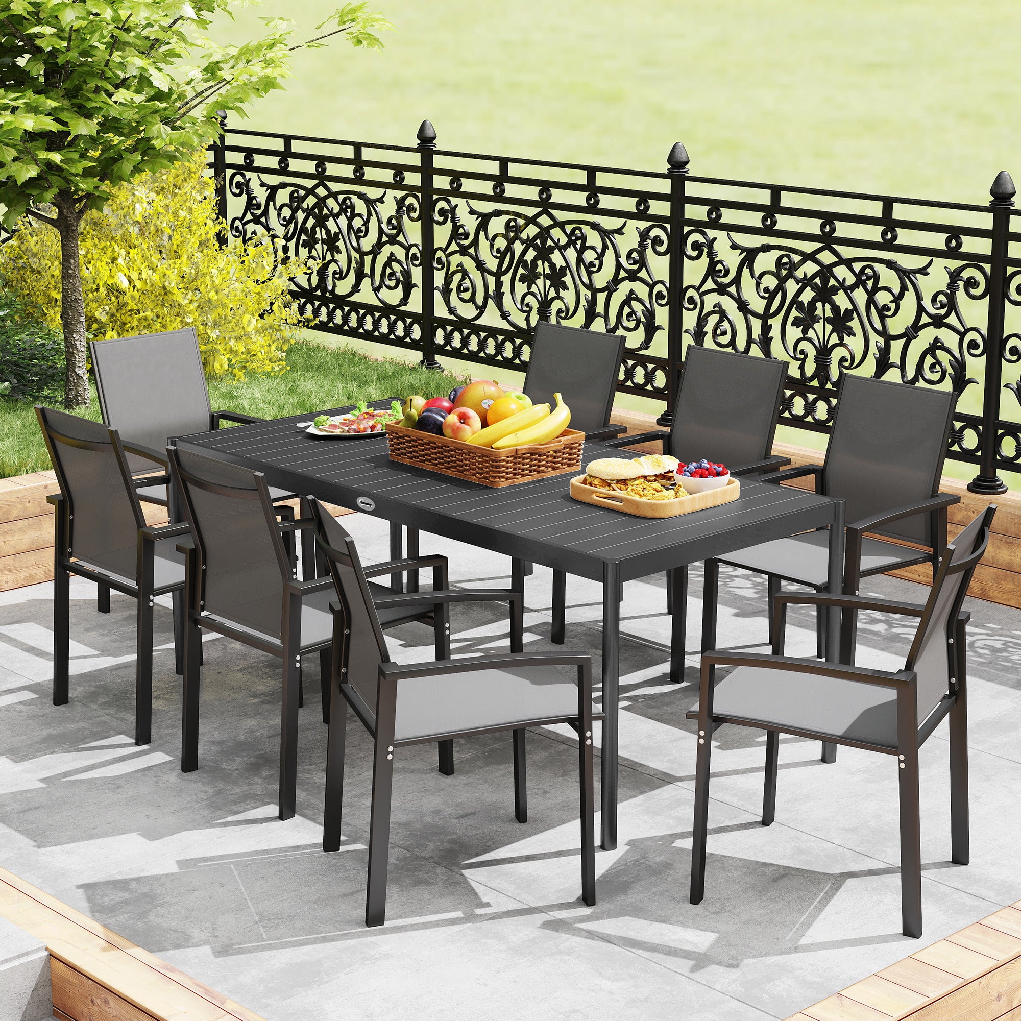Steel Outdoor Dining Table, Garden Table for 8 Persons with Rectangular Slatted Top, Anti-Rust and Weather-Resistant, for Patio, Terrace, Dark Gray