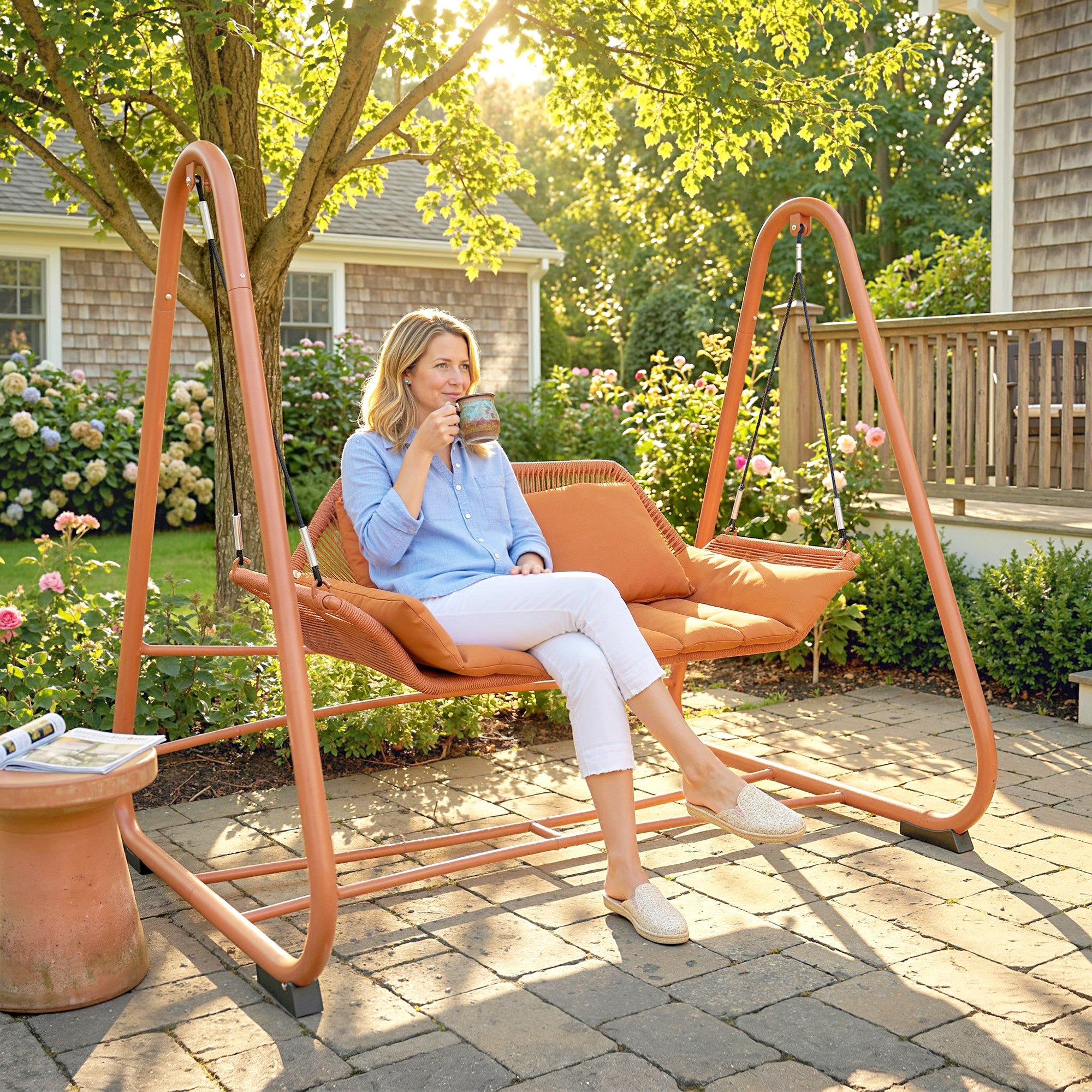 Terracotta 2-Person Hollywood Swing with Cushions — Metal A-Frame Hanging Lounger for Garden, Patio & Balcony (68.5 x 47.2 x 63.8 in)