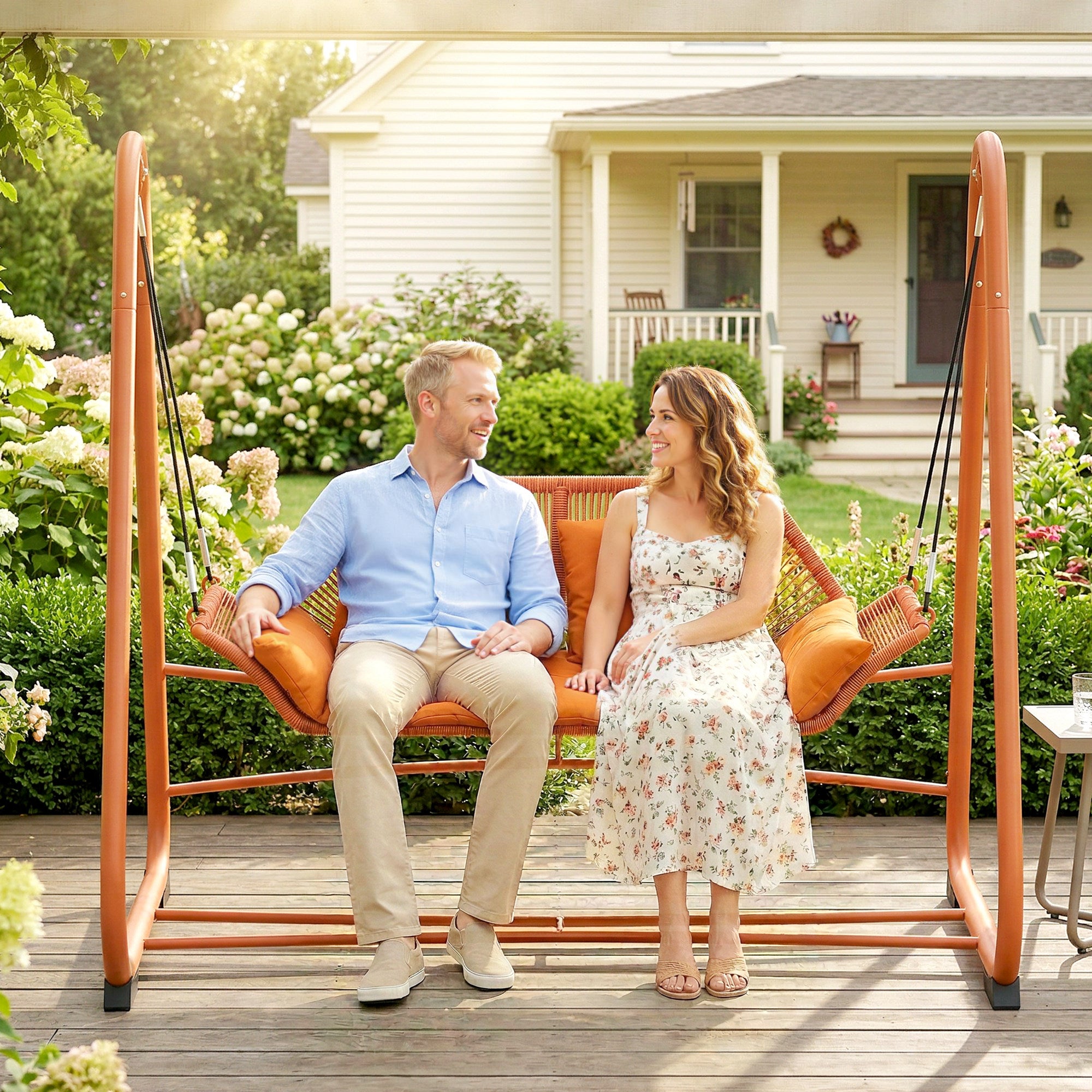 Terracotta 2-Person Hollywood Swing with Cushions — Metal A-Frame Hanging Lounger for Garden, Patio & Balcony (68.5 x 47.2 x 63.8 in)