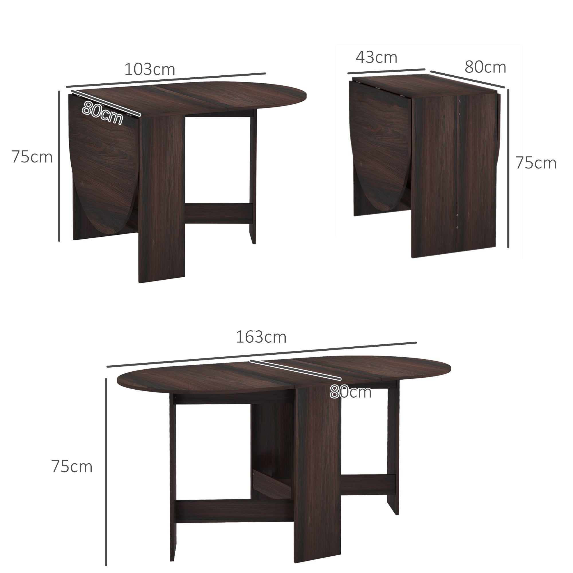 Folding Dining Table, Space-saving Foldable Desk with 2 Oval Leaves for 6 People, Fold-down Kitchen Table, Ideal for Living Room, Home, Office, 163x80x75 cm, Brown