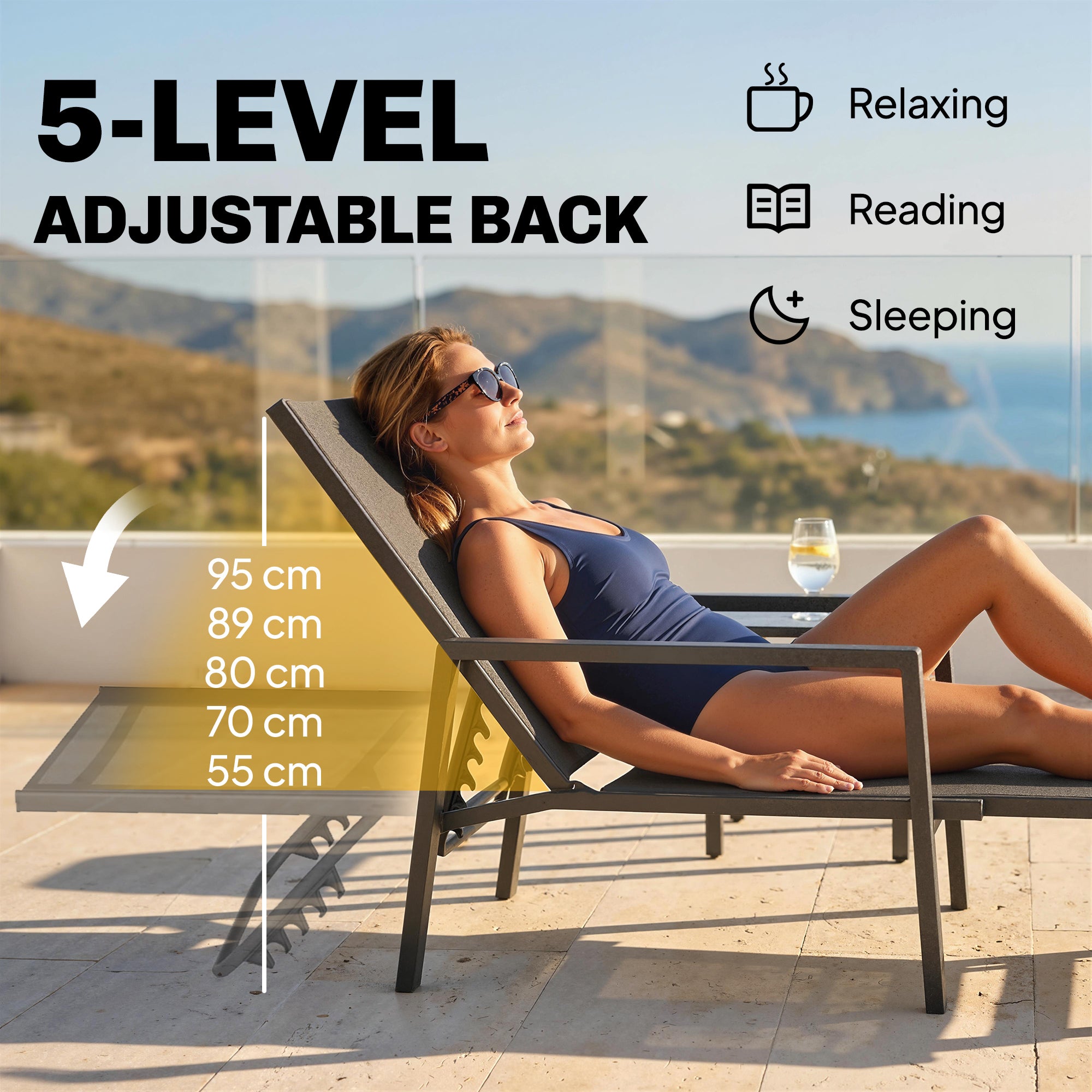 Folding Portable Sun Lounger with Telescopic Footrest — 5-Position Adjustable Backrest, Breathable Mesh (Black)