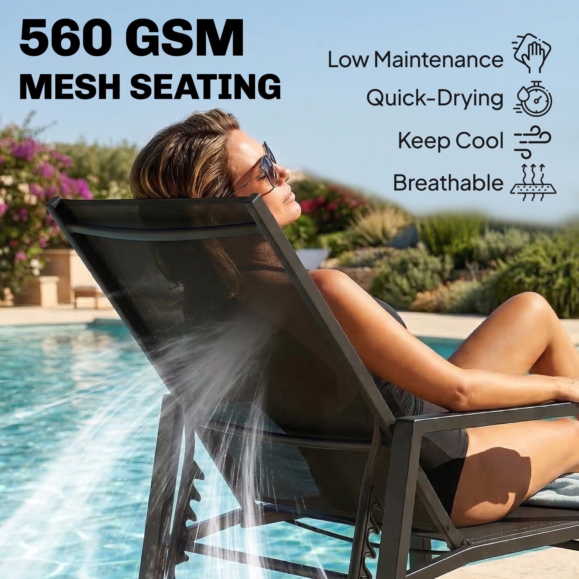 Folding Portable Sun Lounger with Telescopic Footrest — 5-Position Adjustable Backrest, Breathable Mesh (Black)