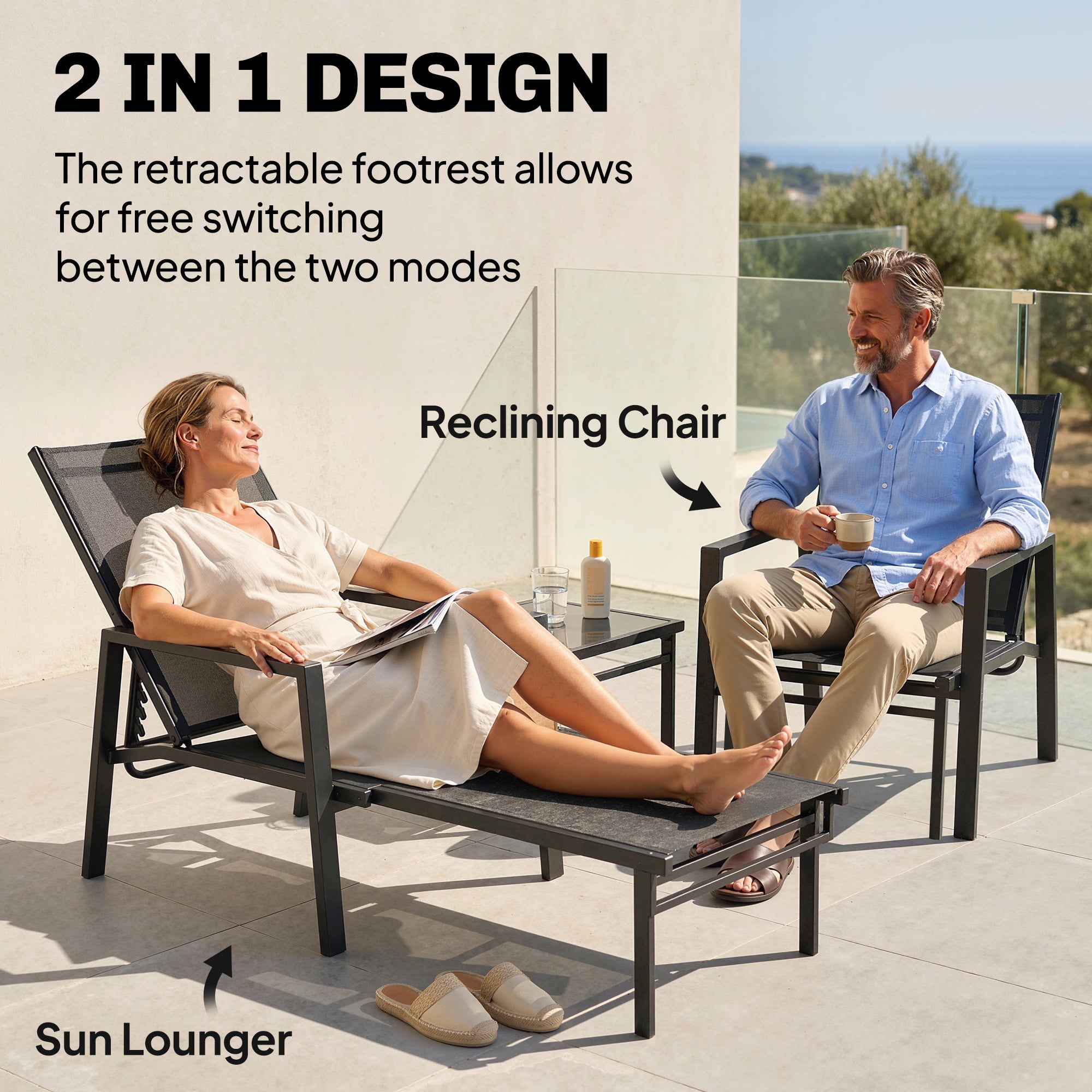 Folding Portable Sun Lounger with Telescopic Footrest — 5-Position Adjustable Backrest, Breathable Mesh (Black)