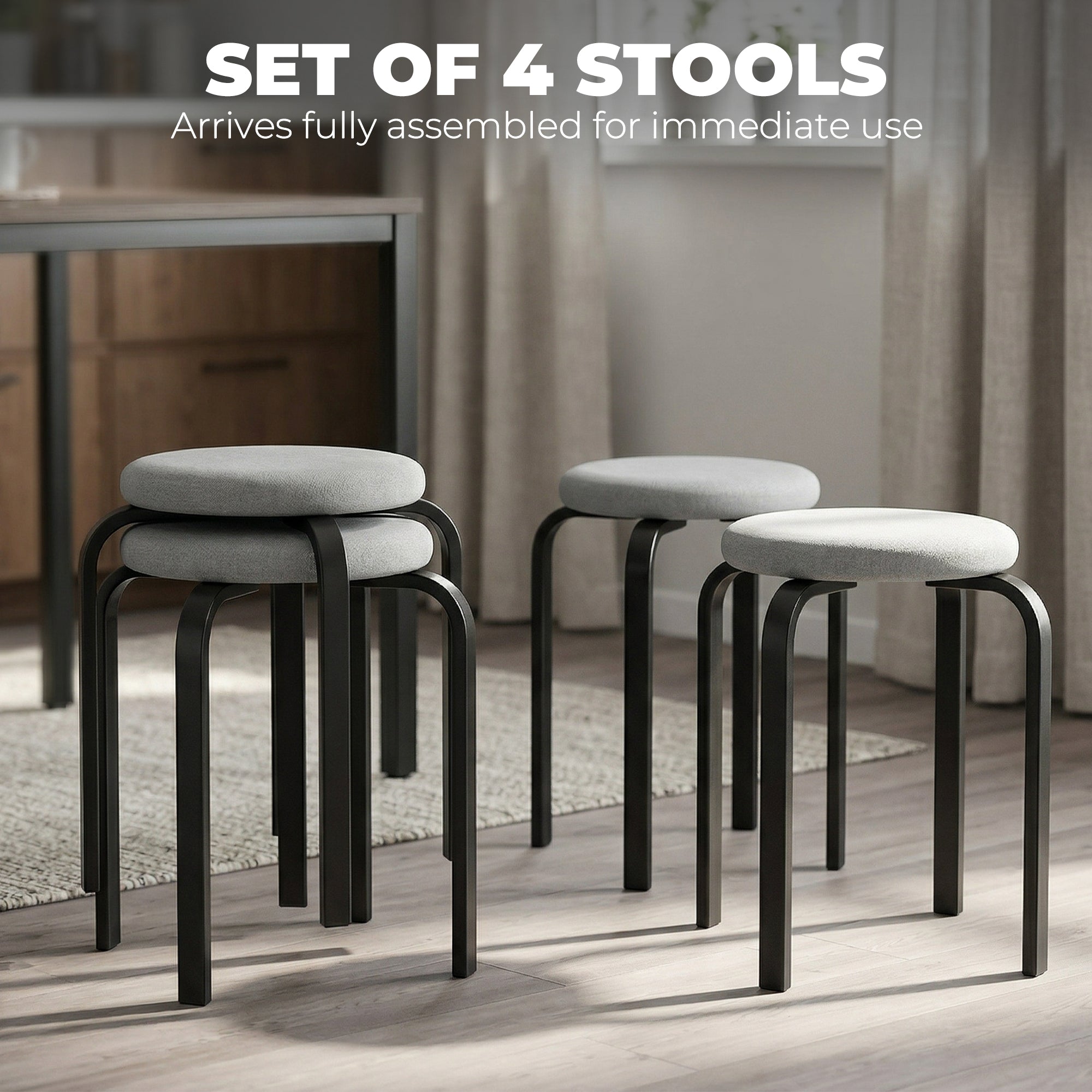 4-Pack Round Dining Stools, Gray Linen-Look Upholstery with Steel Legs – Stackable Kitchen & Living Room Stools