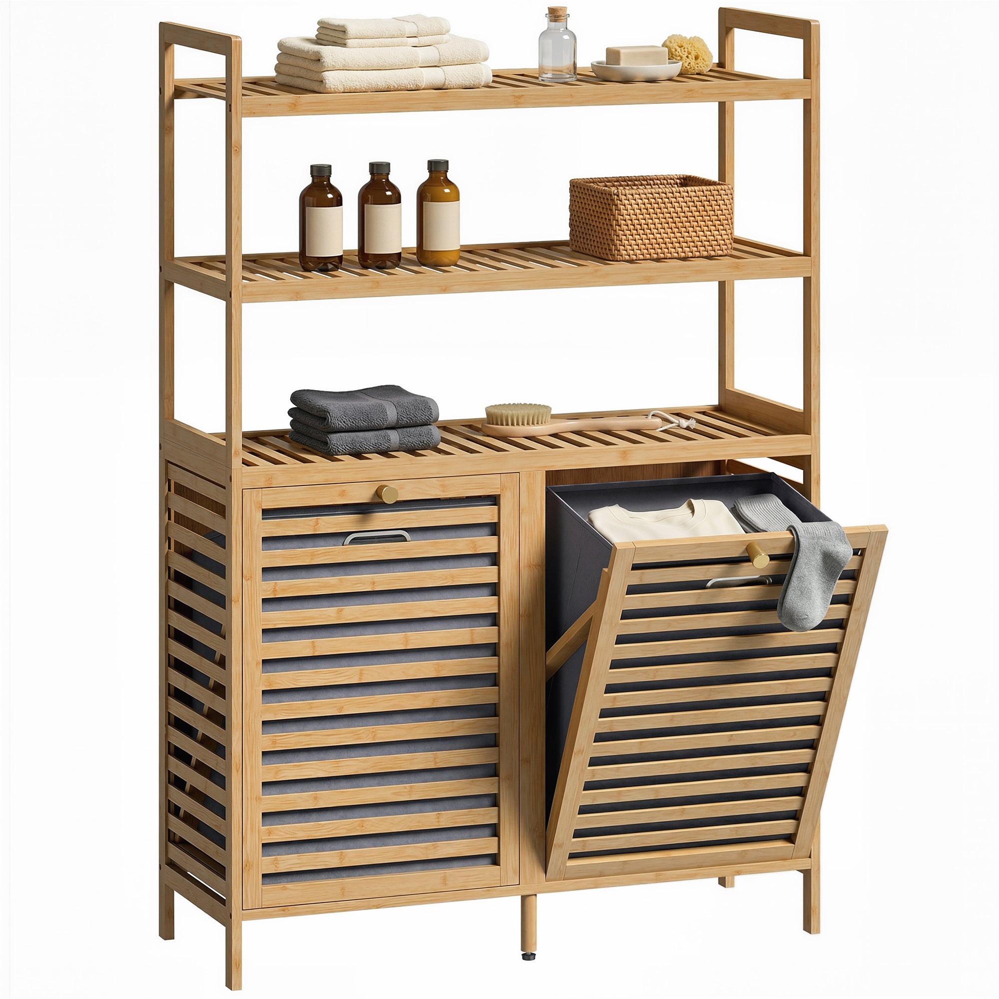 Bamboo Bathroom Cabinet with Laundry Hampers — 3-Tier Storage with 2 Removable Fabric Baskets, 31.5 x 11.8 x 46.5 in (80 x 30 x 118 cm), Oak