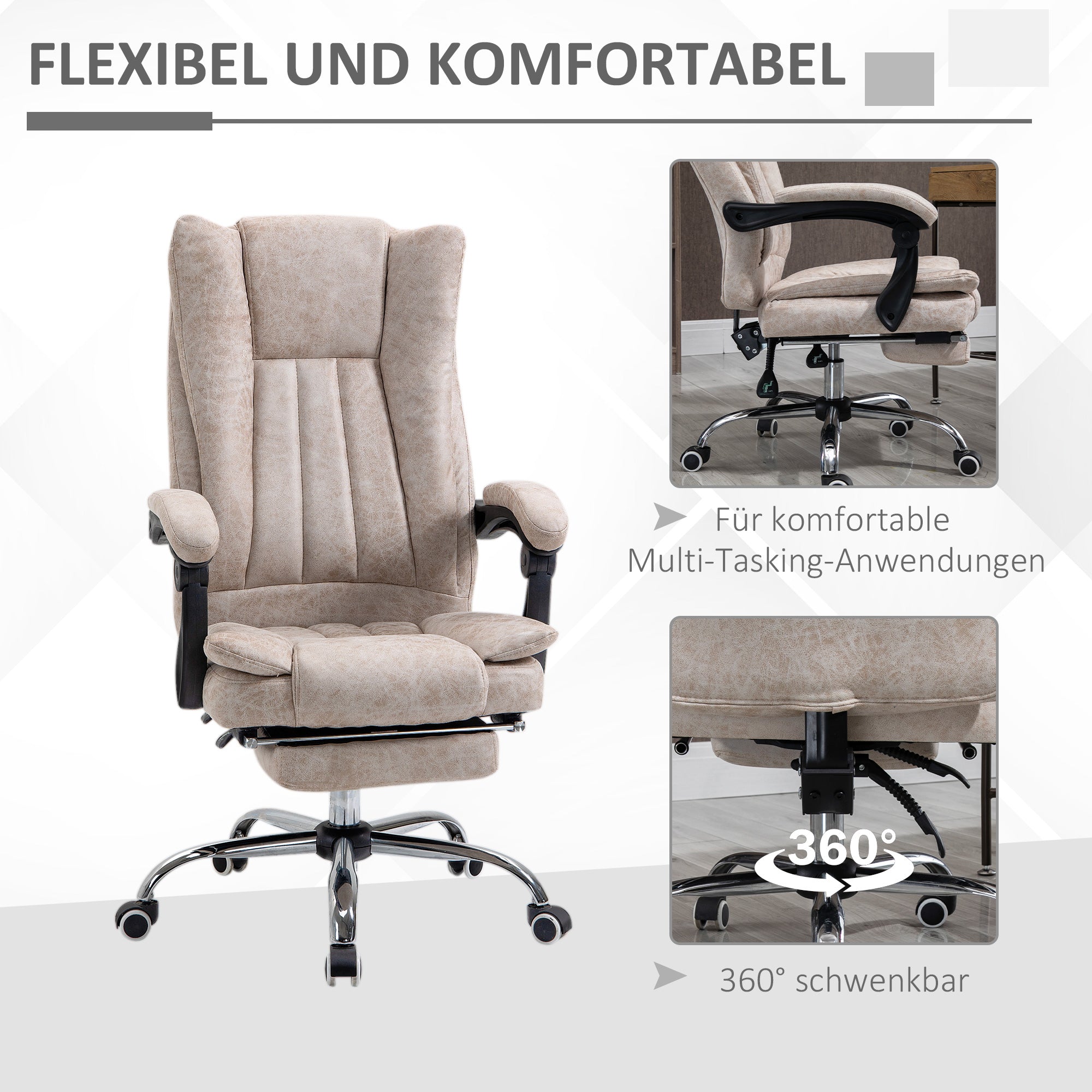 Office Chair Swivel Chair with Reclining Function Footrest Office Seat Height Adjustment Chair Desk Chair Microfiber Plastic Metal Nylon Beige+Black+Silver 63 x 71 x 110-118 cm