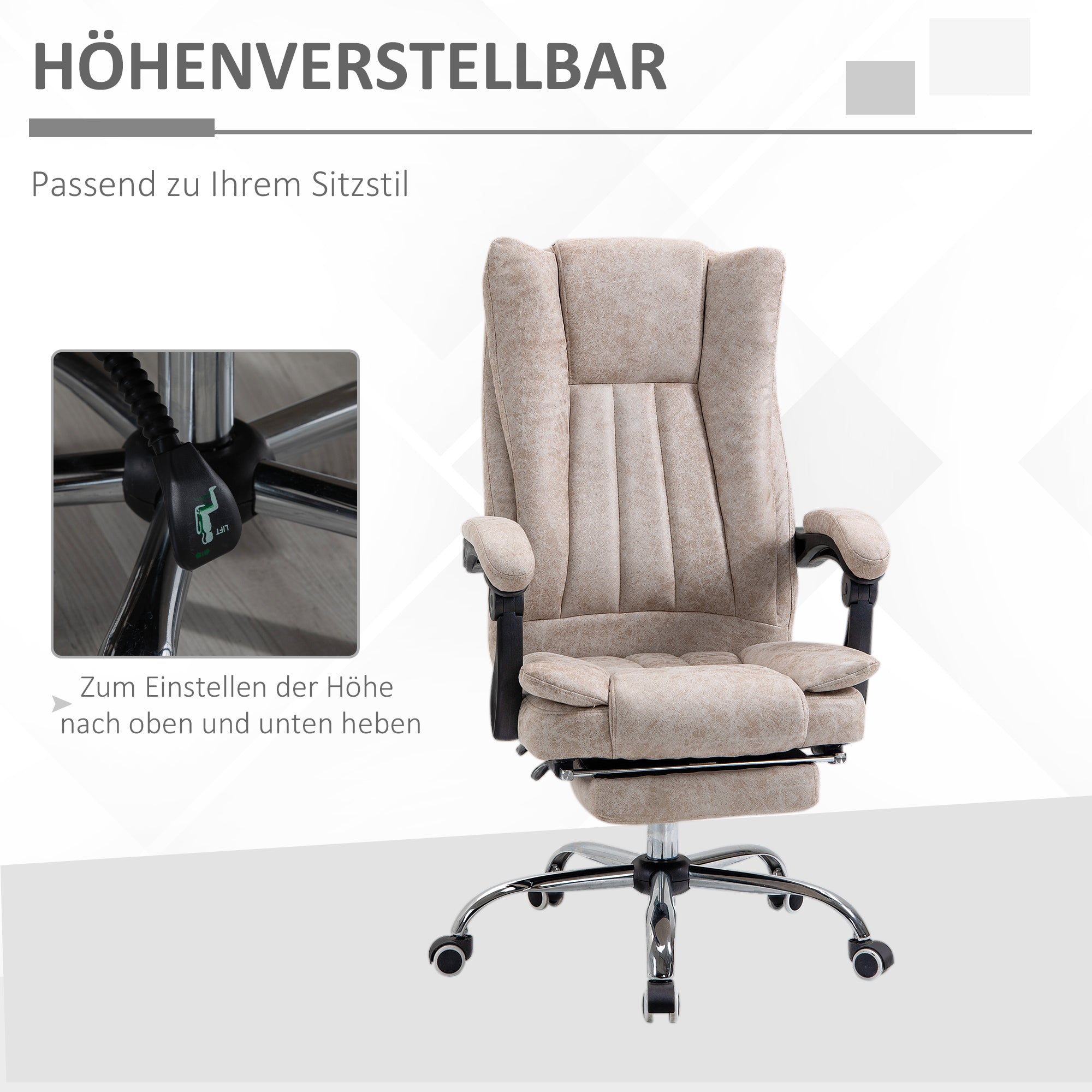 Office Chair Swivel Chair with Reclining Function Footrest Office Seat Height Adjustment Chair Desk Chair Microfiber Plastic Metal Nylon Beige+Black+Silver 63 x 71 x 110-118 cm