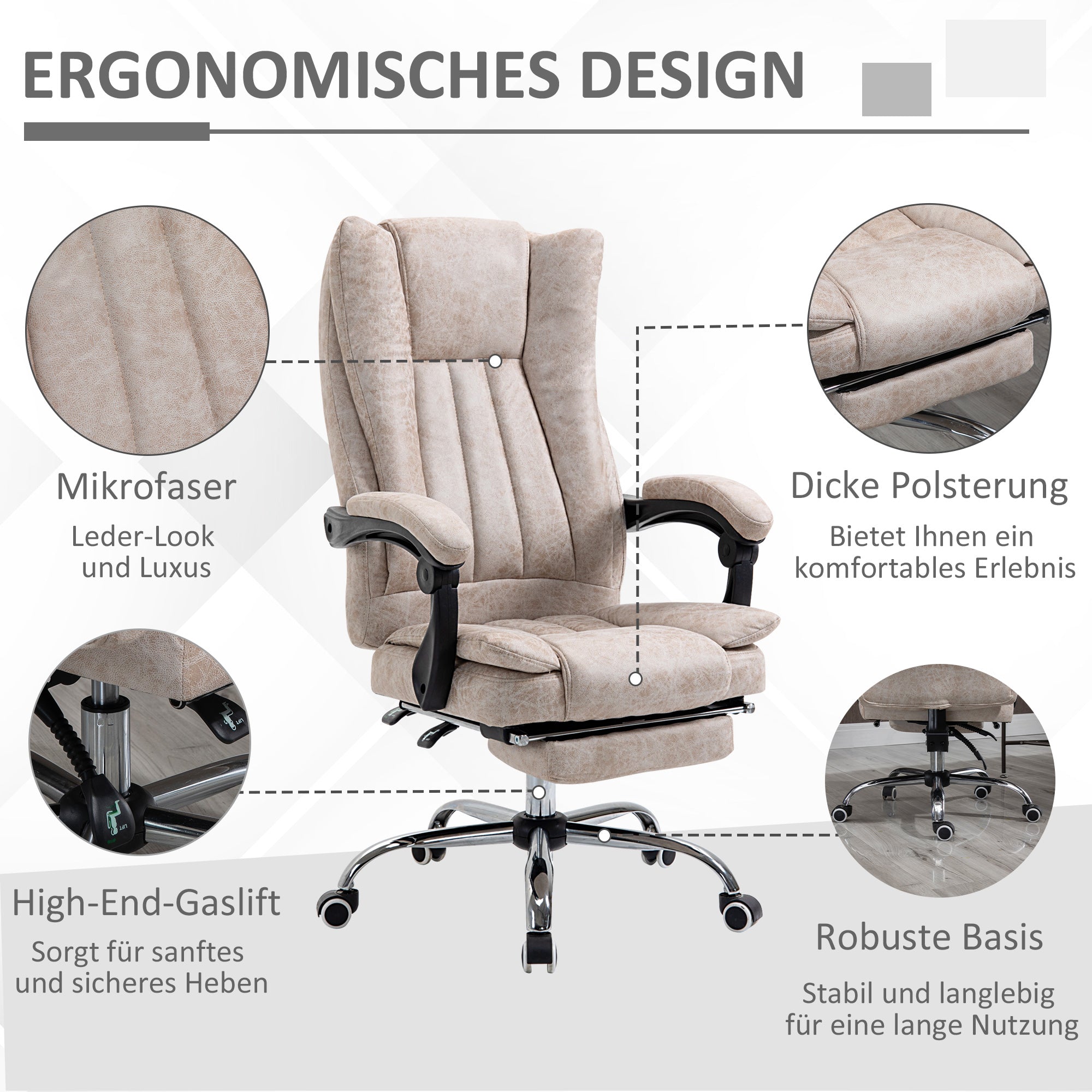 Office Chair Swivel Chair with Reclining Function Footrest Office Seat Height Adjustment Chair Desk Chair Microfiber Plastic Metal Nylon Beige+Black+Silver 63 x 71 x 110-118 cm