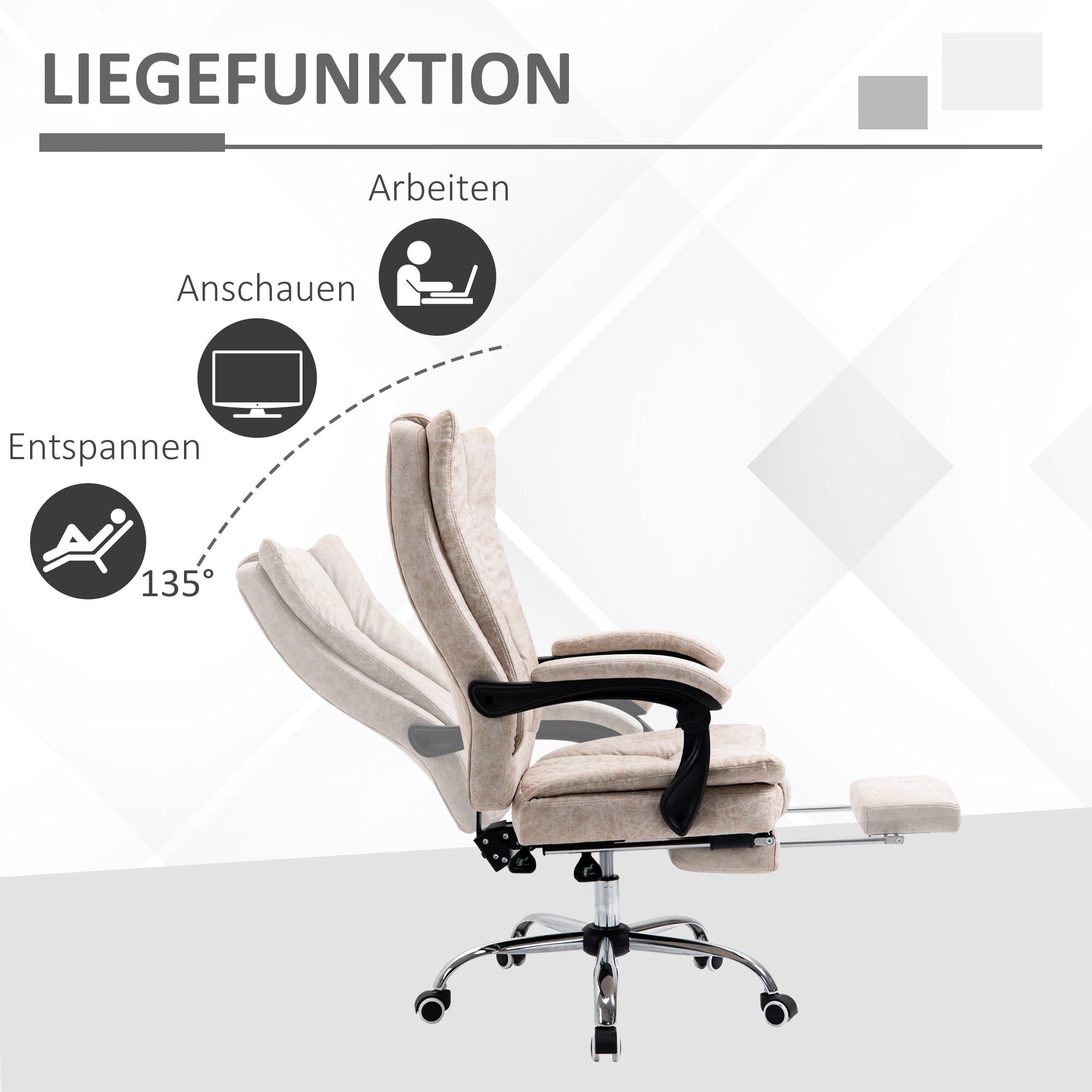 Office Chair Swivel Chair with Reclining Function Footrest Office Seat Height Adjustment Chair Desk Chair Microfiber Plastic Metal Nylon Beige+Black+Silver 63 x 71 x 110-118 cm
