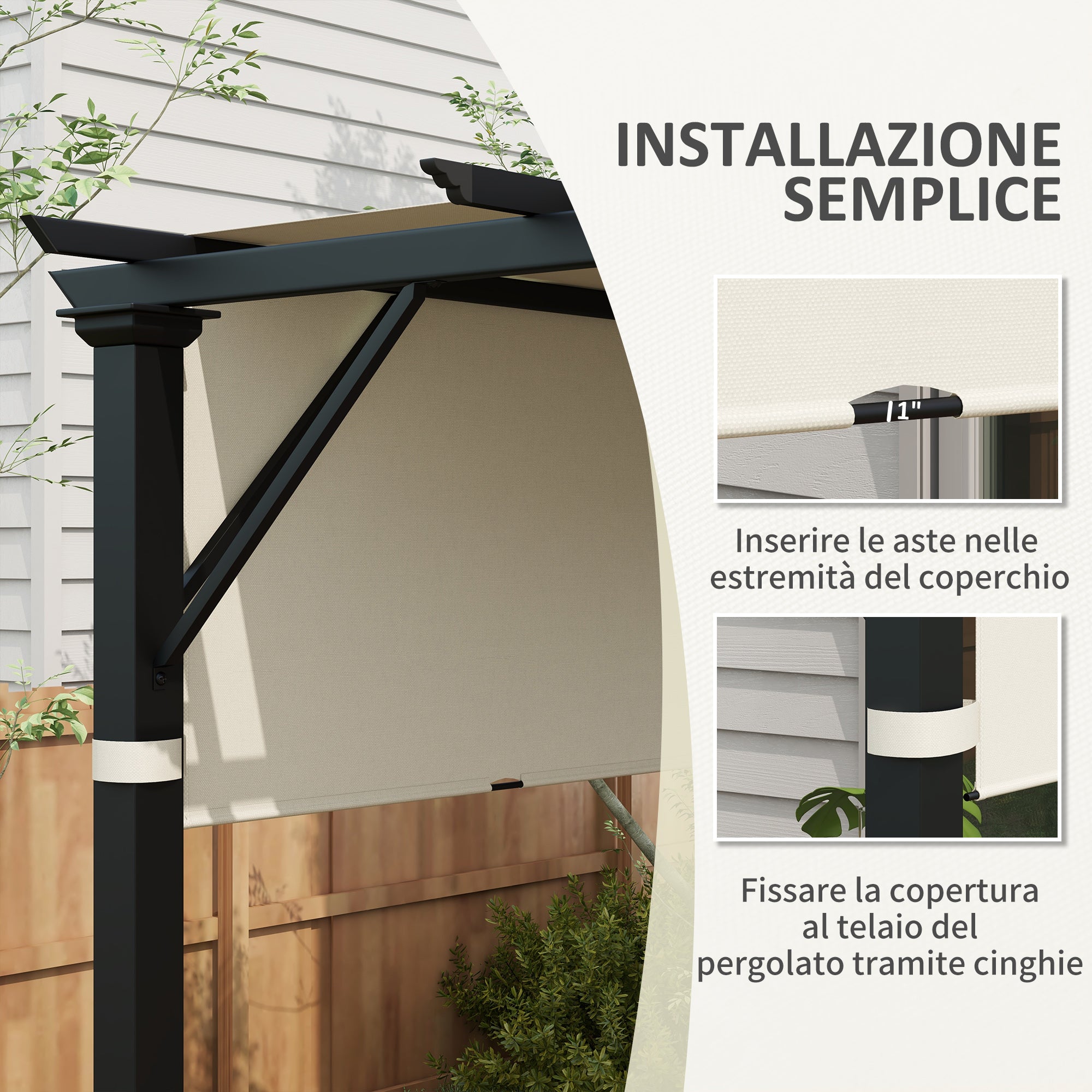 3x3m Gazebo Pergola Cover, Polyester 180g/㎡ with Pockets and Straps for Poles, UV30+, 488x122 cm, Cream