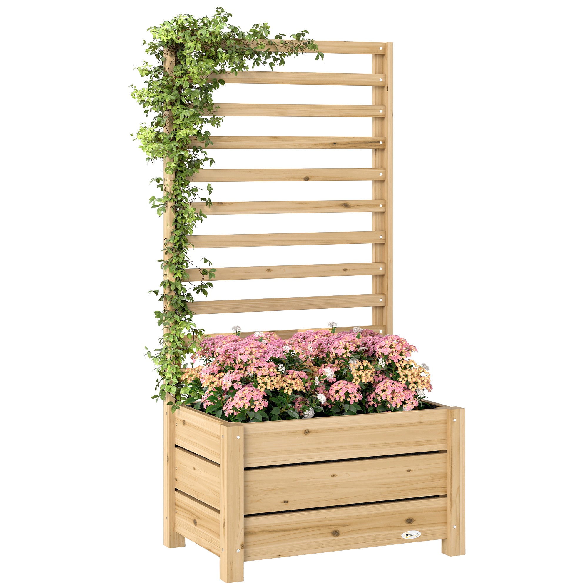 Raised Planter with Trellis — Natural Spruce Wood, Drainage Hole, Non-Woven Liner, 60 x 39 x 120 cm (23.6 x 15.4 x 47.2 in)