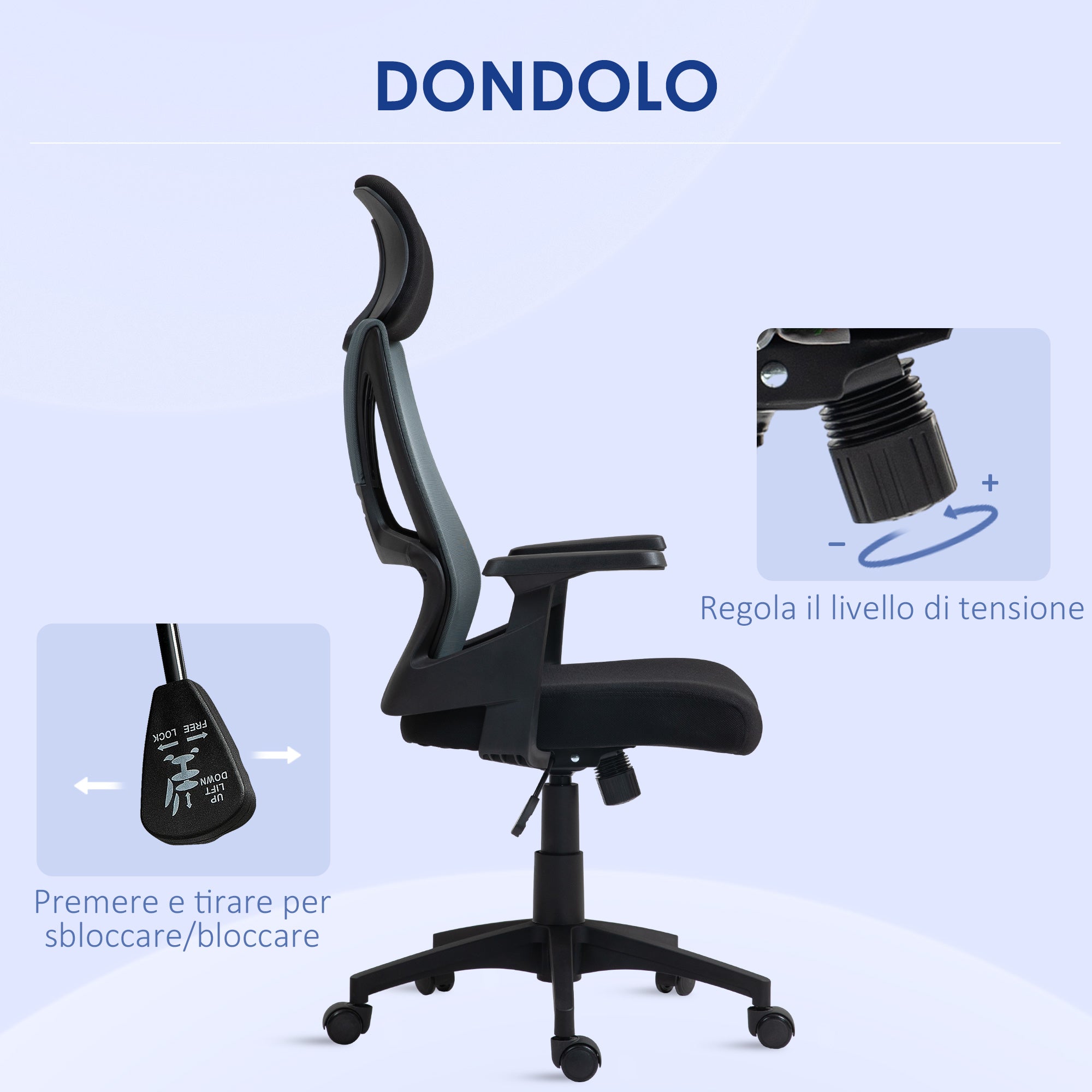 Ergonomic Tiltable Office Chair with Lumbar Support, Swivel Desk Chair with Headrest and Adjustable Height for Study, in Breathable Mesh Fabric, Black