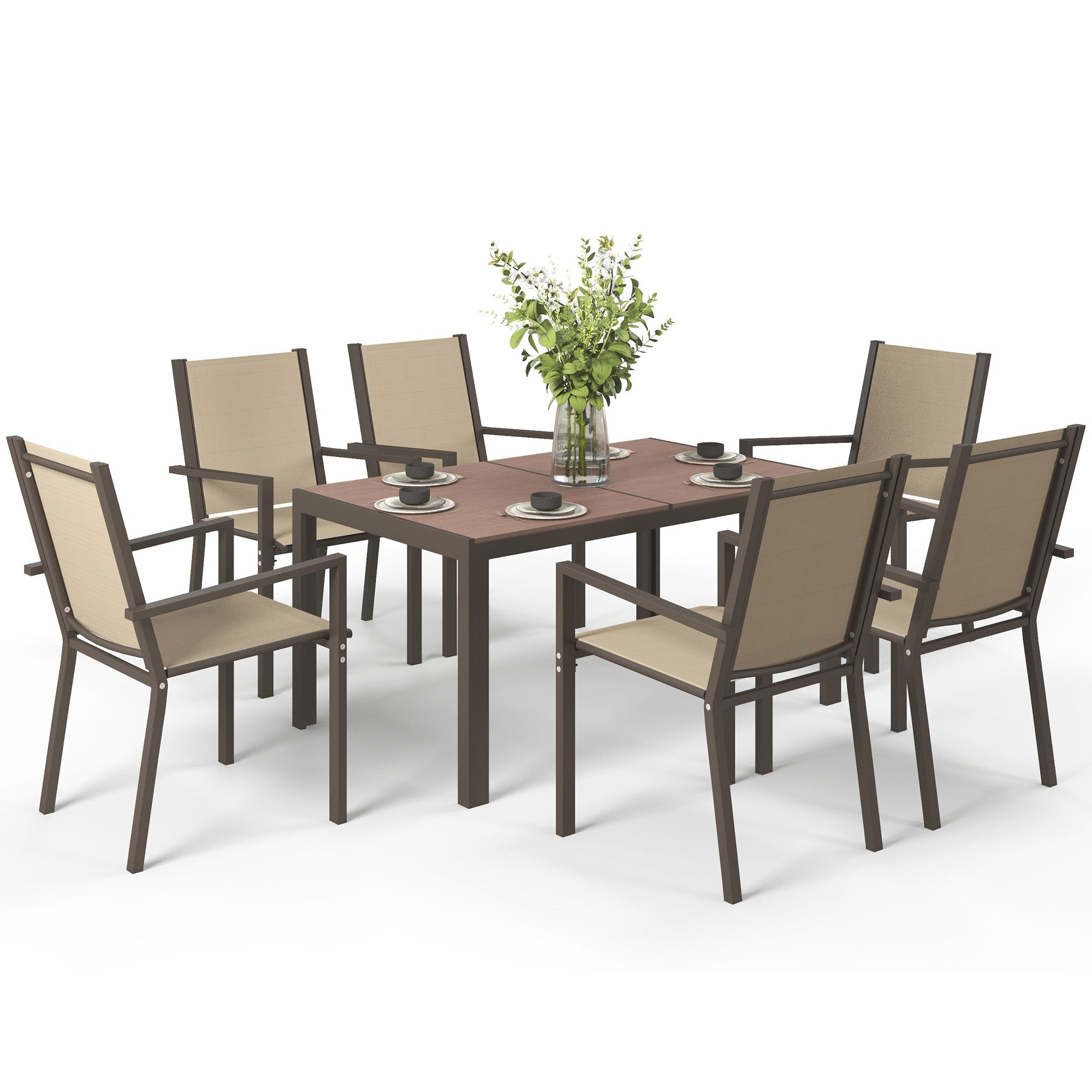 7-Piece Outdoor Dining Set Table and 6 Garden Chairs with Stackable Chairs and Steel Frame for Terrace Patio Khaki and Brown
