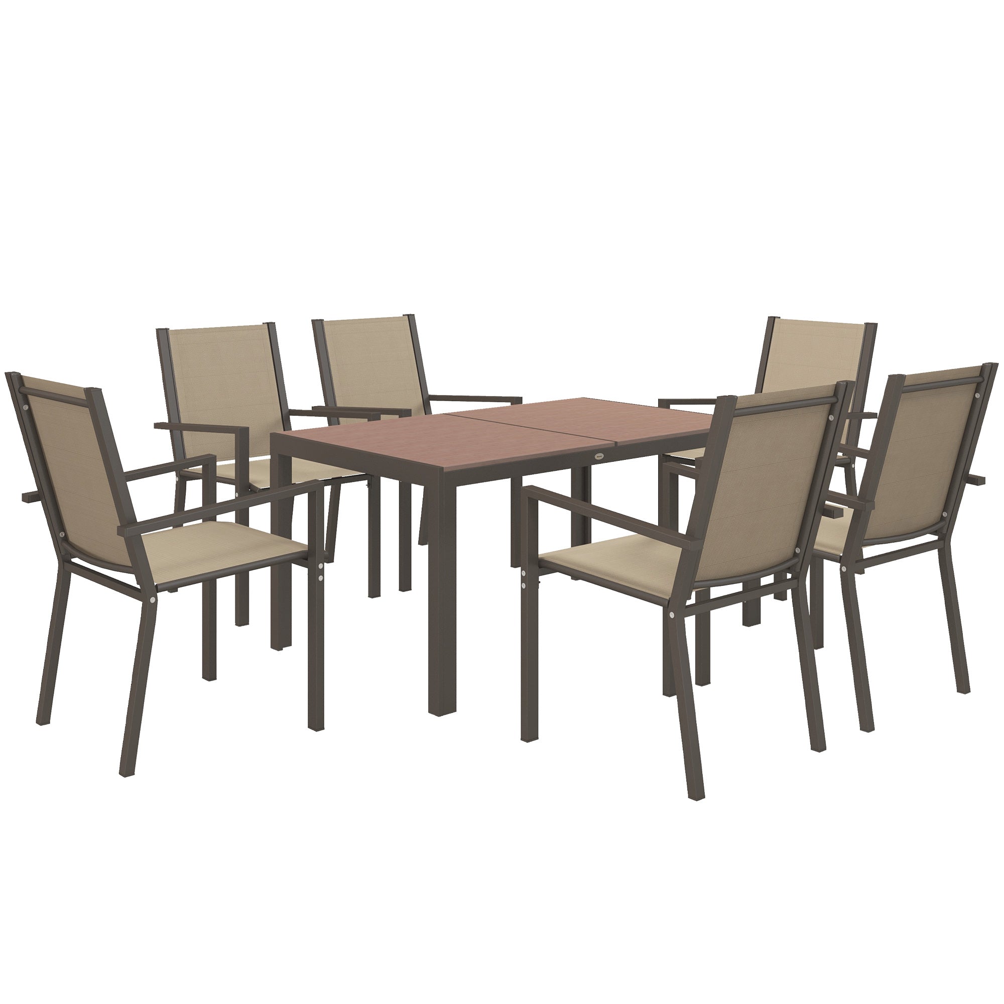 7-Piece Outdoor Dining Set Table and 6 Garden Chairs with Stackable Chairs and Steel Frame for Terrace Patio Khaki and Brown