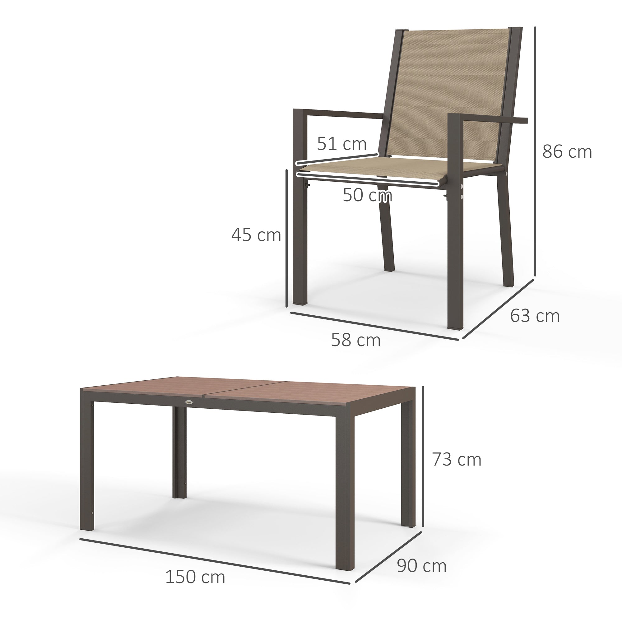 7-Piece Outdoor Dining Set Table and 6 Garden Chairs with Stackable Chairs and Steel Frame for Terrace Patio Khaki and Brown