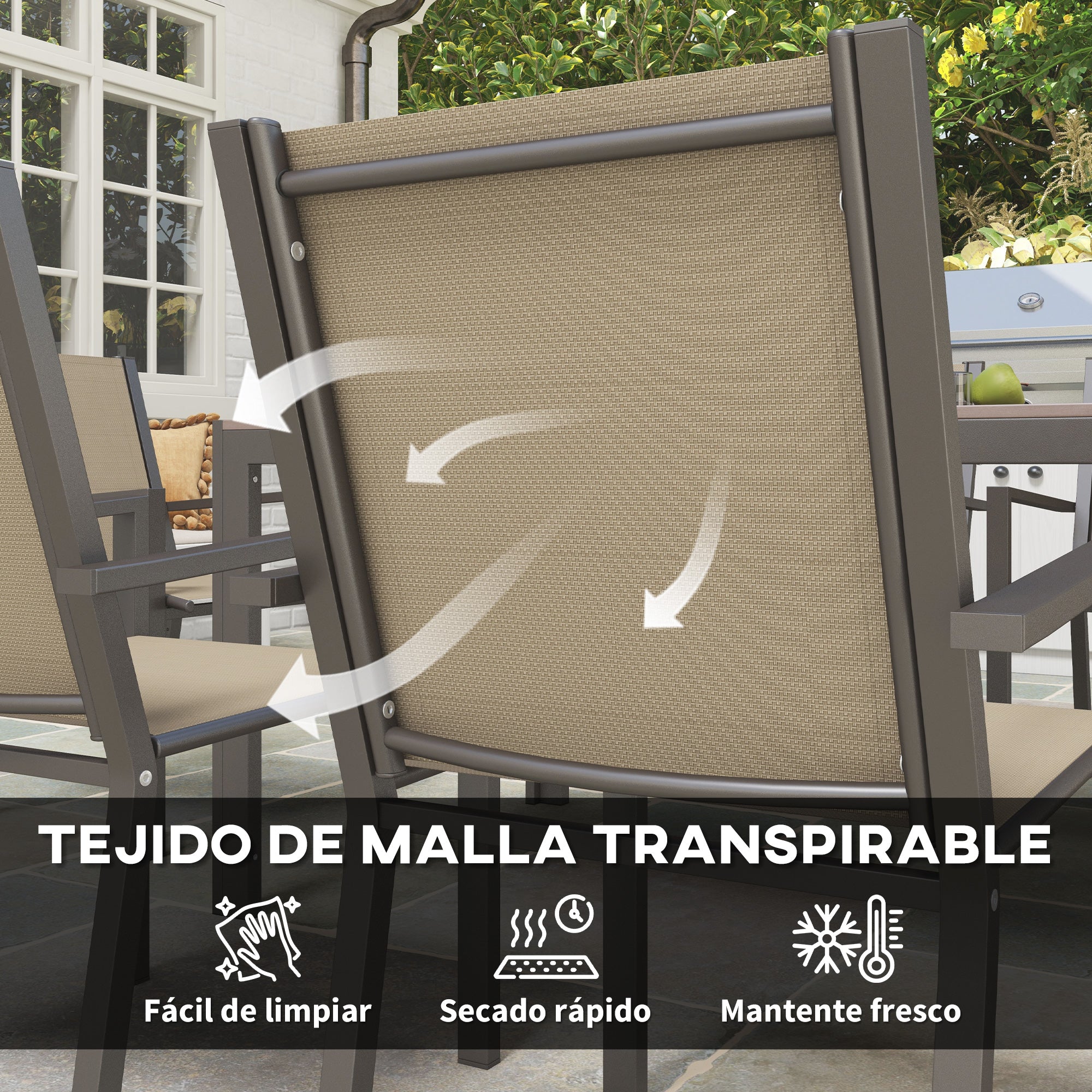 7-Piece Outdoor Dining Set Table and 6 Garden Chairs with Stackable Chairs and Steel Frame for Terrace Patio Khaki and Brown