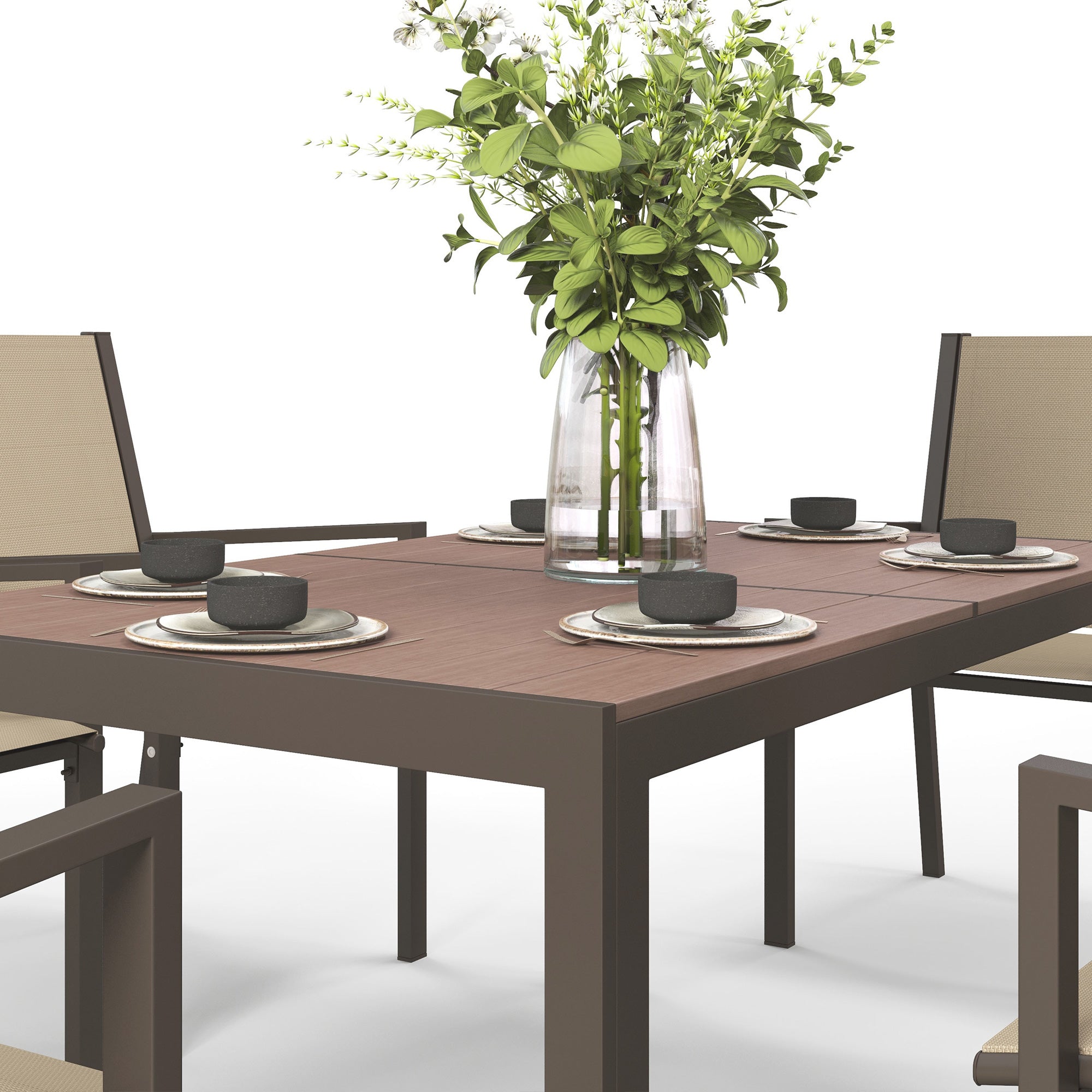 7-Piece Outdoor Dining Set Table and 6 Garden Chairs with Stackable Chairs and Steel Frame for Terrace Patio Khaki and Brown