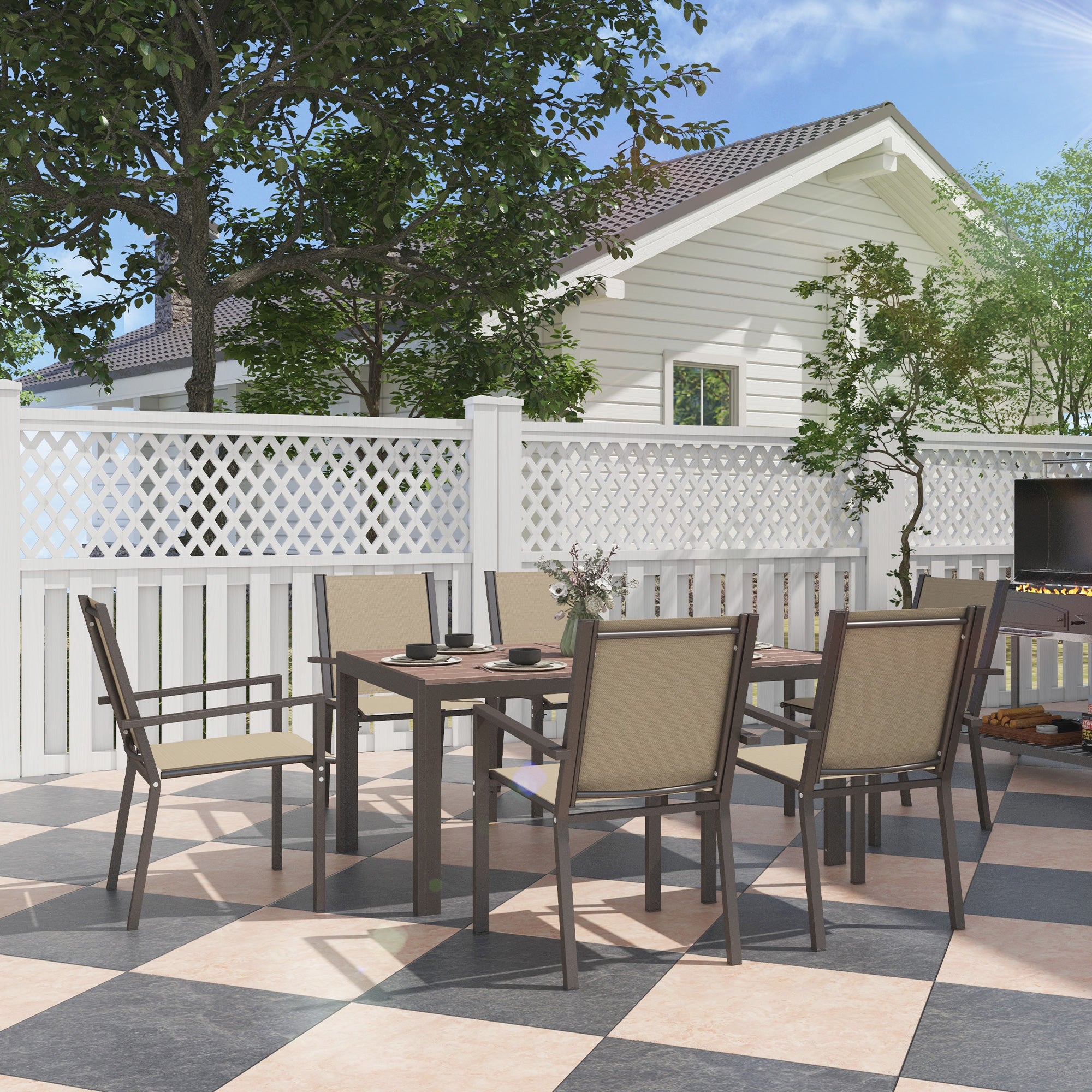 7-Piece Outdoor Dining Set Table and 6 Garden Chairs with Stackable Chairs and Steel Frame for Terrace Patio Khaki and Brown