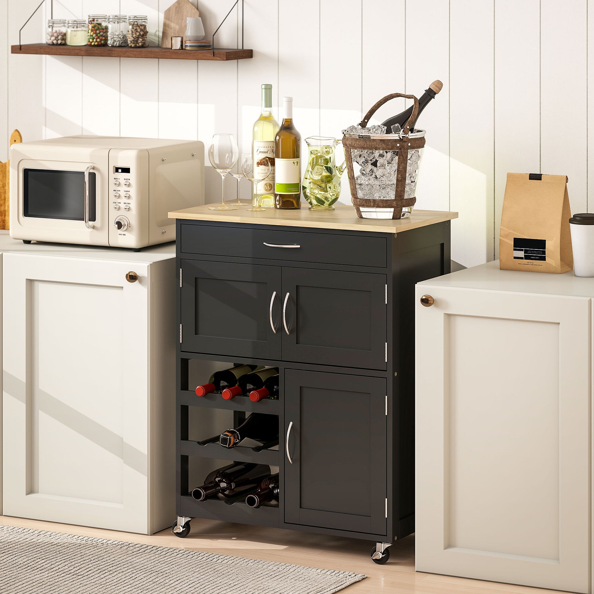 Kitchen Cart with 9 Wine Rack, 3 Doors, 4 Wheels, and Drawer, Space-Saving Kitchen Cabinet with Rubber Wood Top, 67x37x87 cm, Black and Oak
