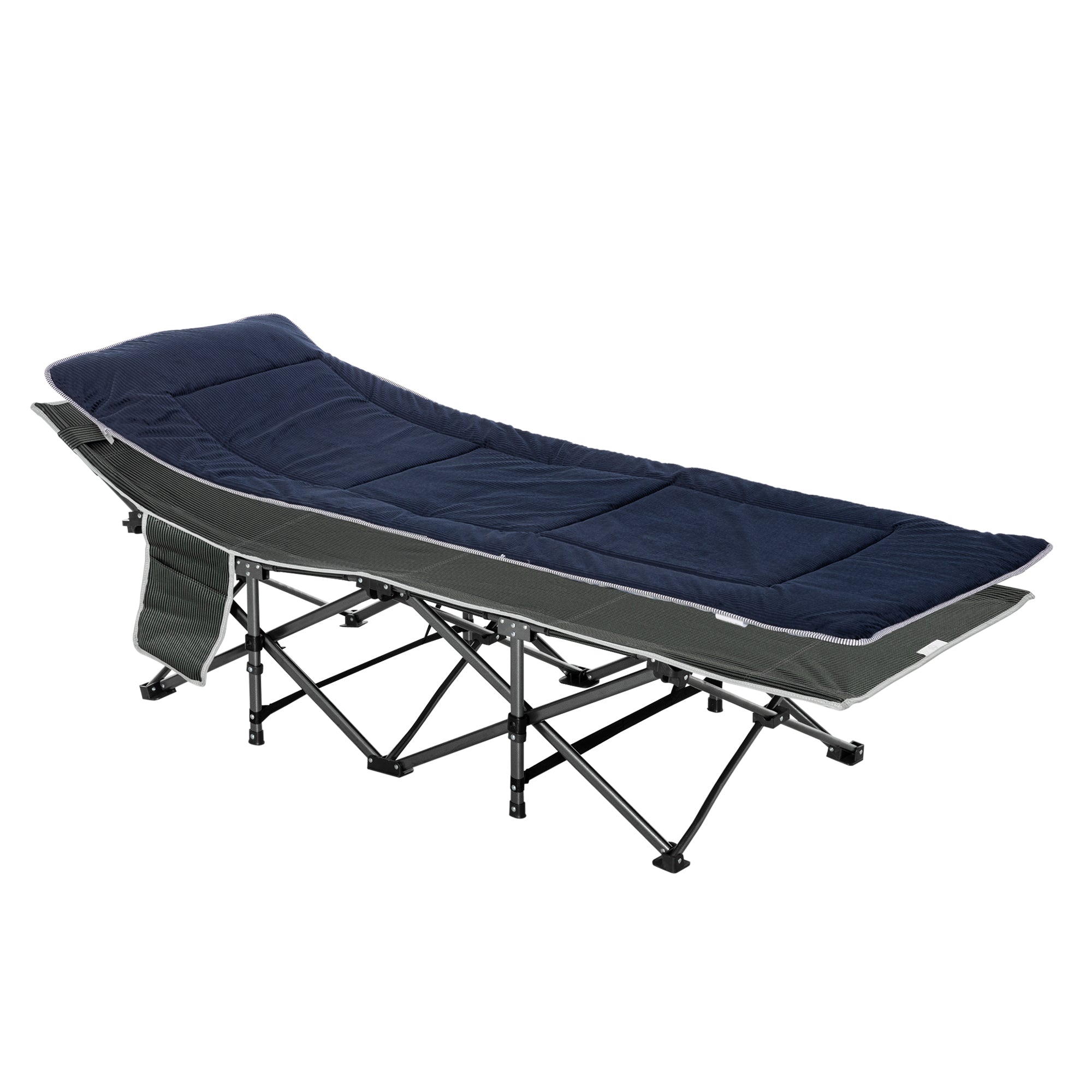 Folding Camping Bed Camp Bed with Pillow Side Pocket Mattress Guest Bed Up to 150 kg Travel Outdoor Oxford Dark Blue + Gray 188 x 64.5 x 53 cm