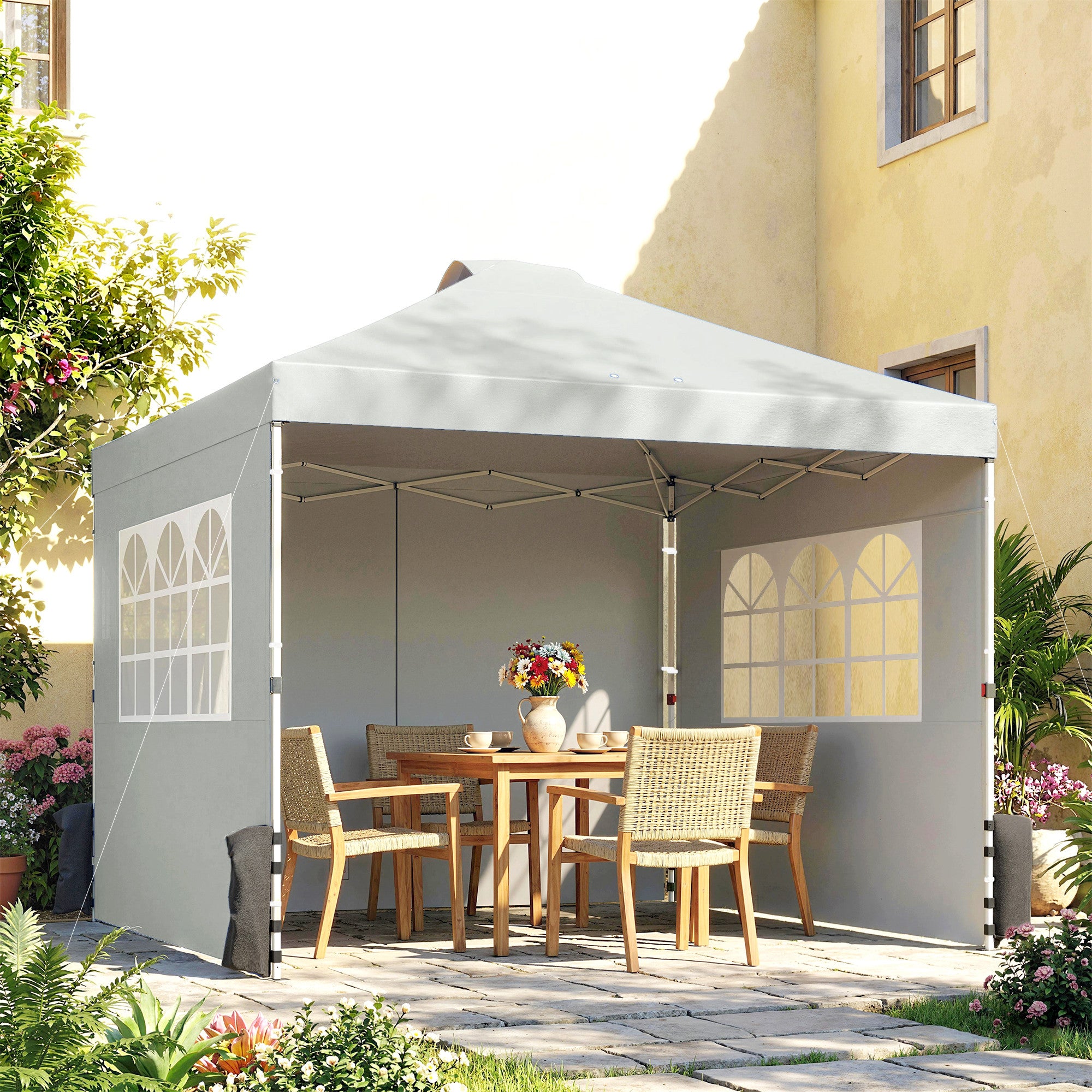10'x10' Waterproof Height-Adjustable Pop-Up Canopy — 3 Sidewalls, Windows & Vents, UV50+, Folding Party Tent with Rolling Carry Bag, Light Gray