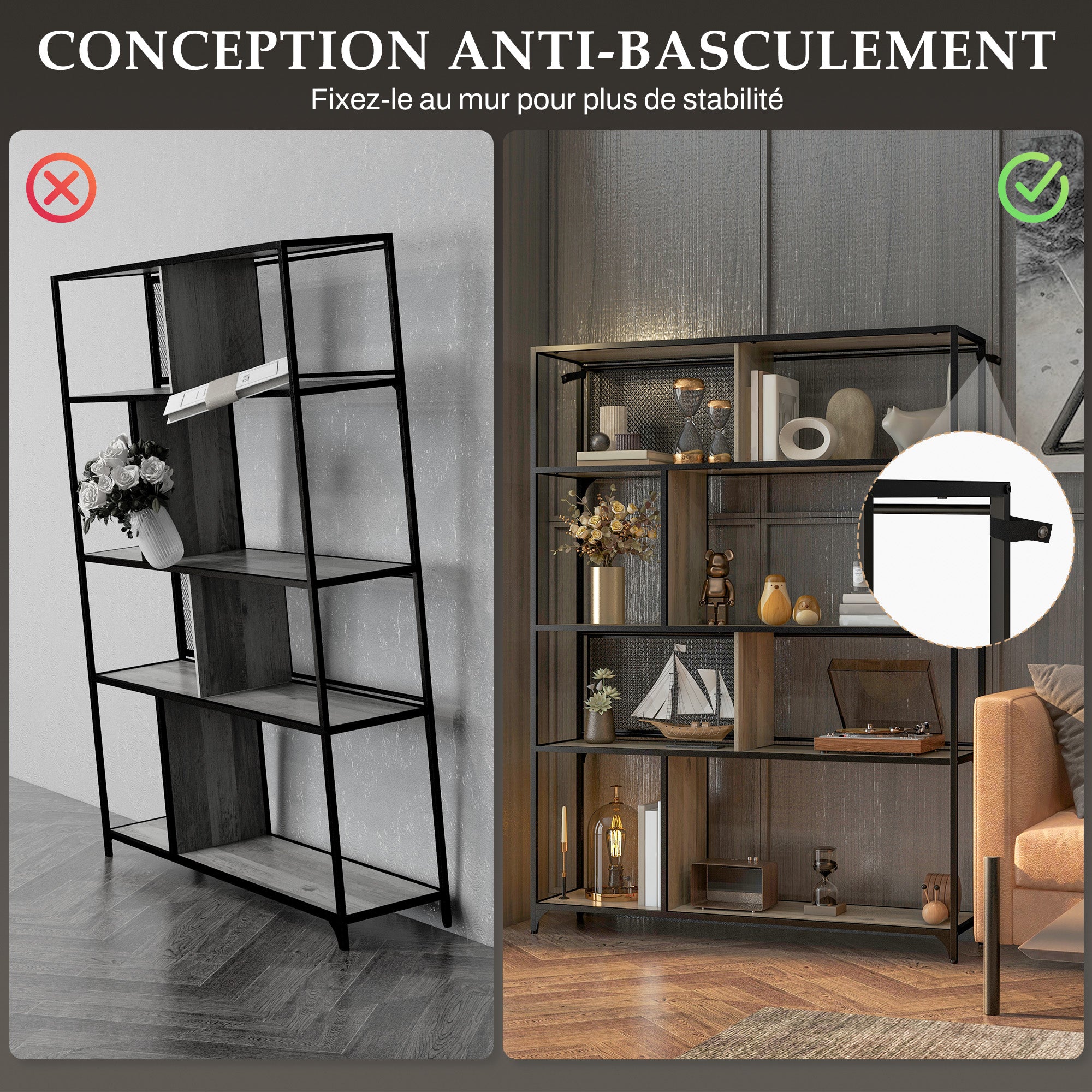 Bookcase storage unit 5-tier sliding mesh door steel frame industrial style for living room bedroom kitchen - 120L x 30W x 161H cm gray and black