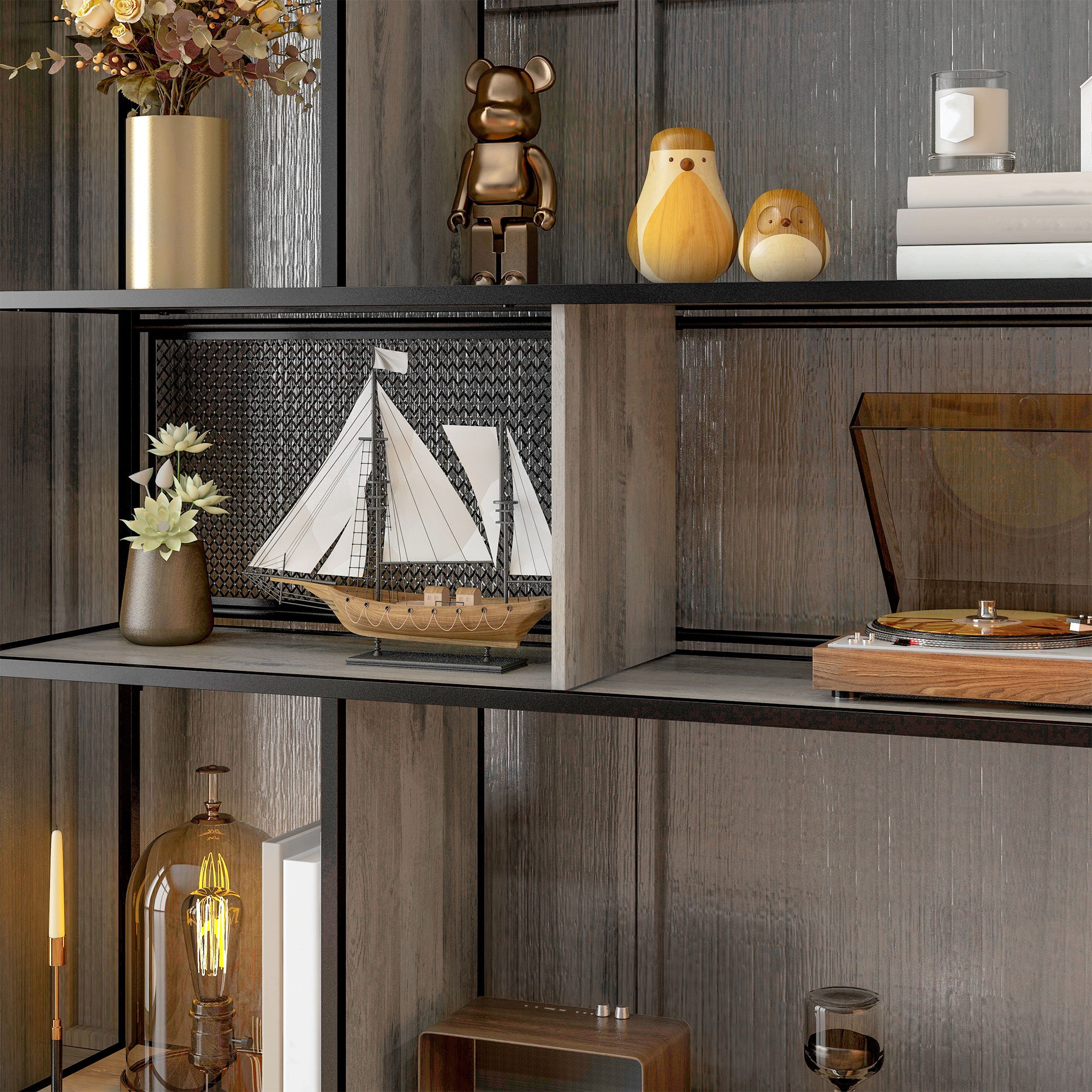 Bookcase storage unit 5-tier sliding mesh door steel frame industrial style for living room bedroom kitchen - 120L x 30W x 161H cm gray and black