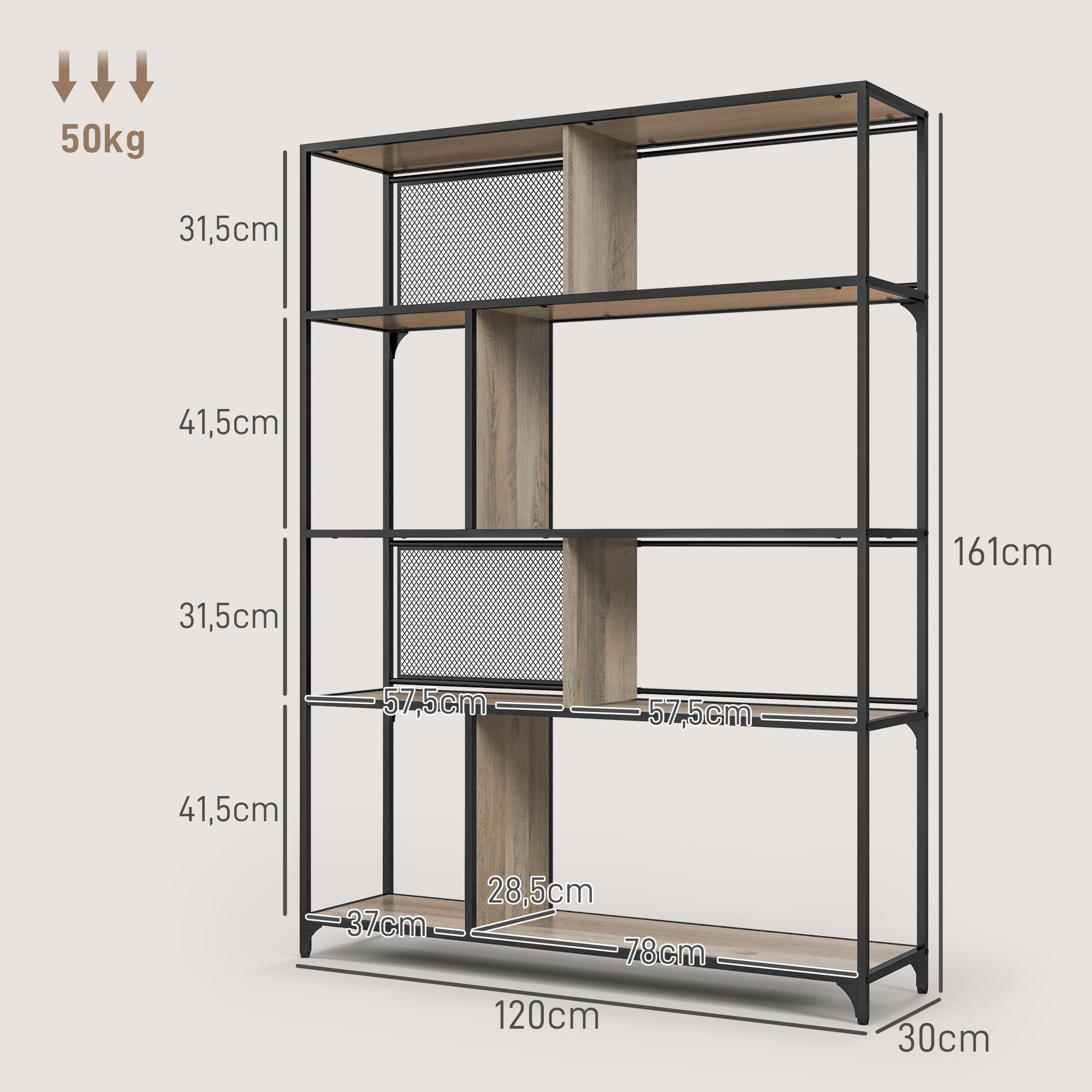 Bookcase storage unit 5-tier sliding mesh door steel frame industrial style for living room bedroom kitchen - 120L x 30W x 161H cm gray and black