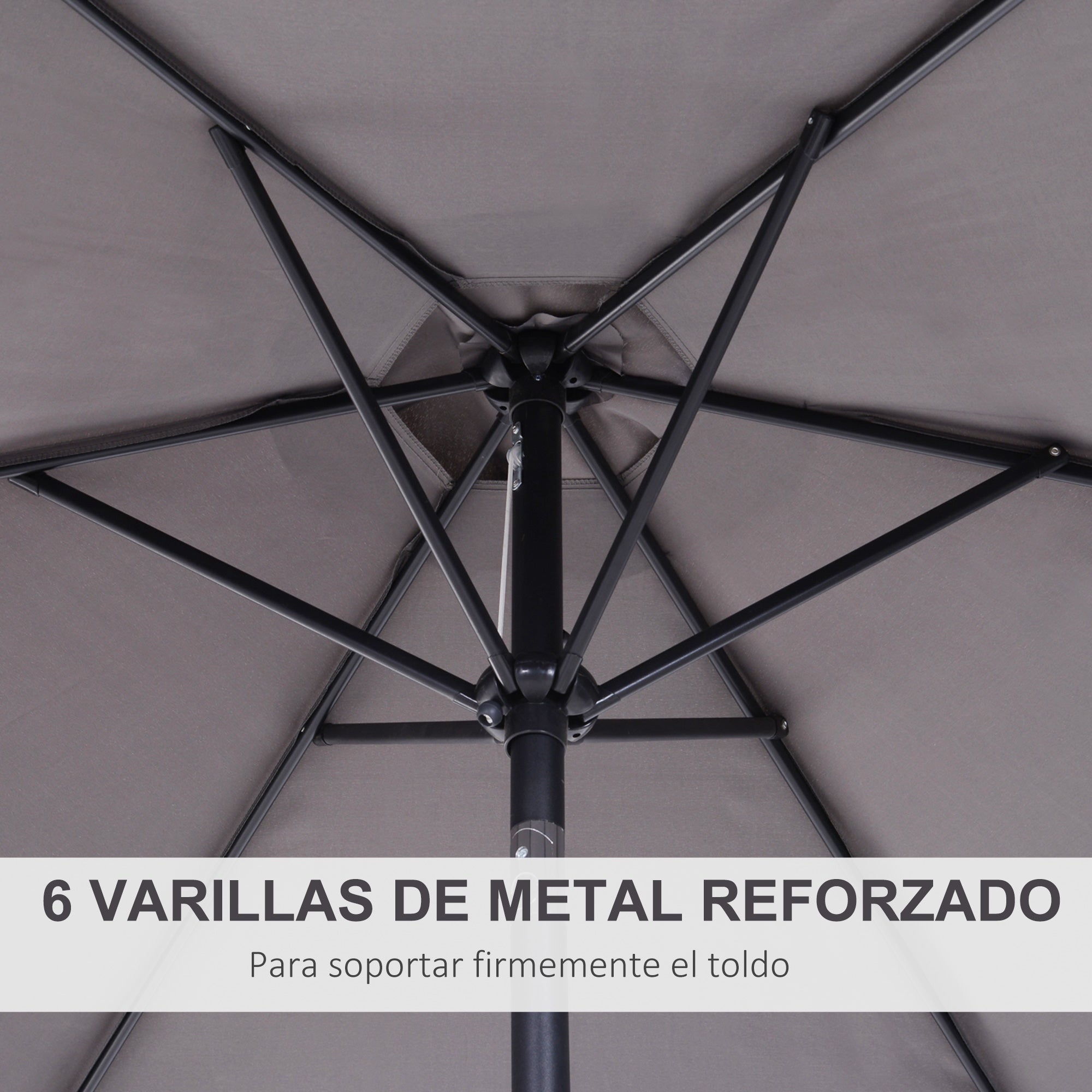 Aluminum Garden Umbrella Ø260x235 cm Reclining Patio Parasol with Crank and 6 Metal Rods for Outdoor Terrace Balcony Gray