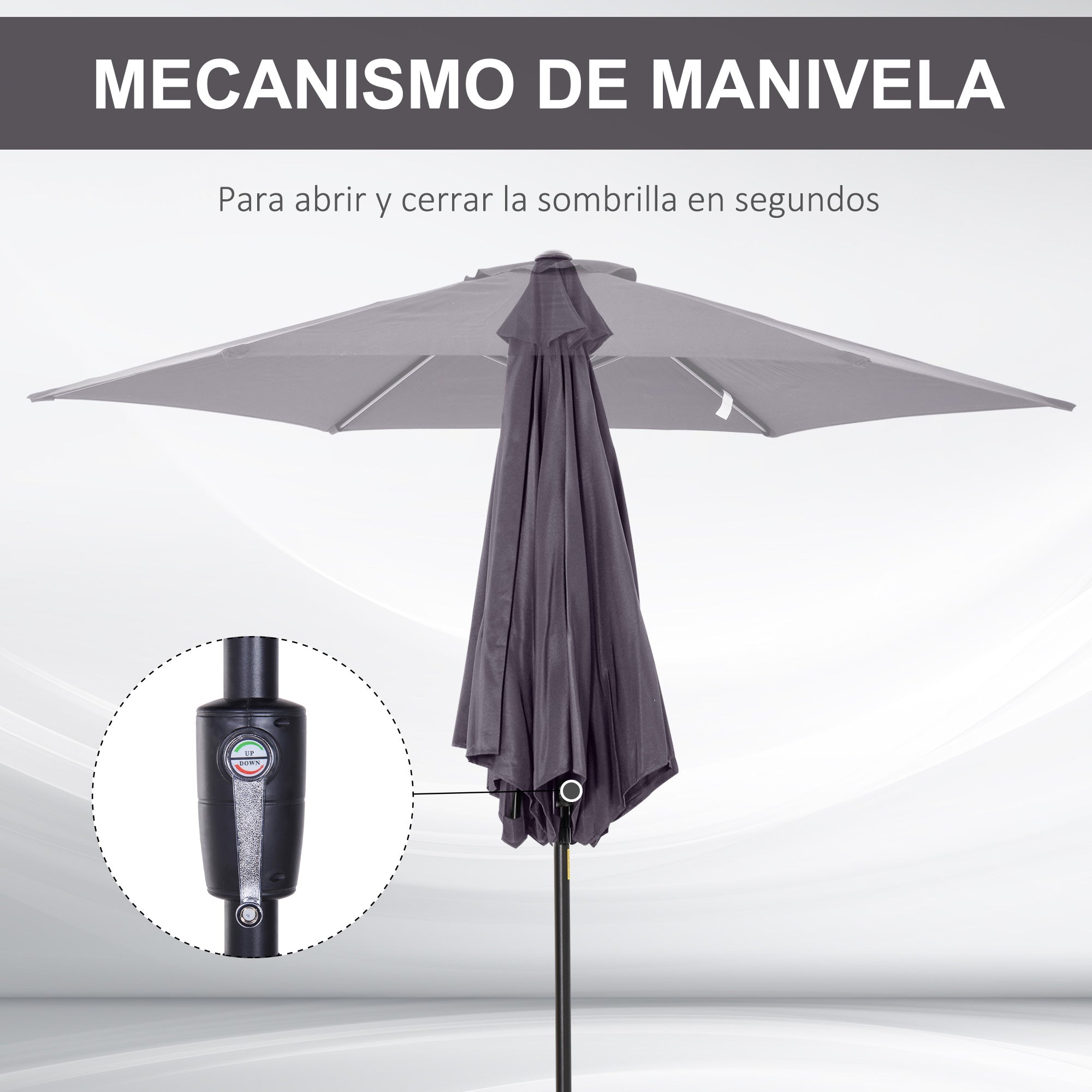Aluminum Garden Umbrella Ø260x235 cm Reclining Patio Parasol with Crank and 6 Metal Rods for Outdoor Terrace Balcony Gray