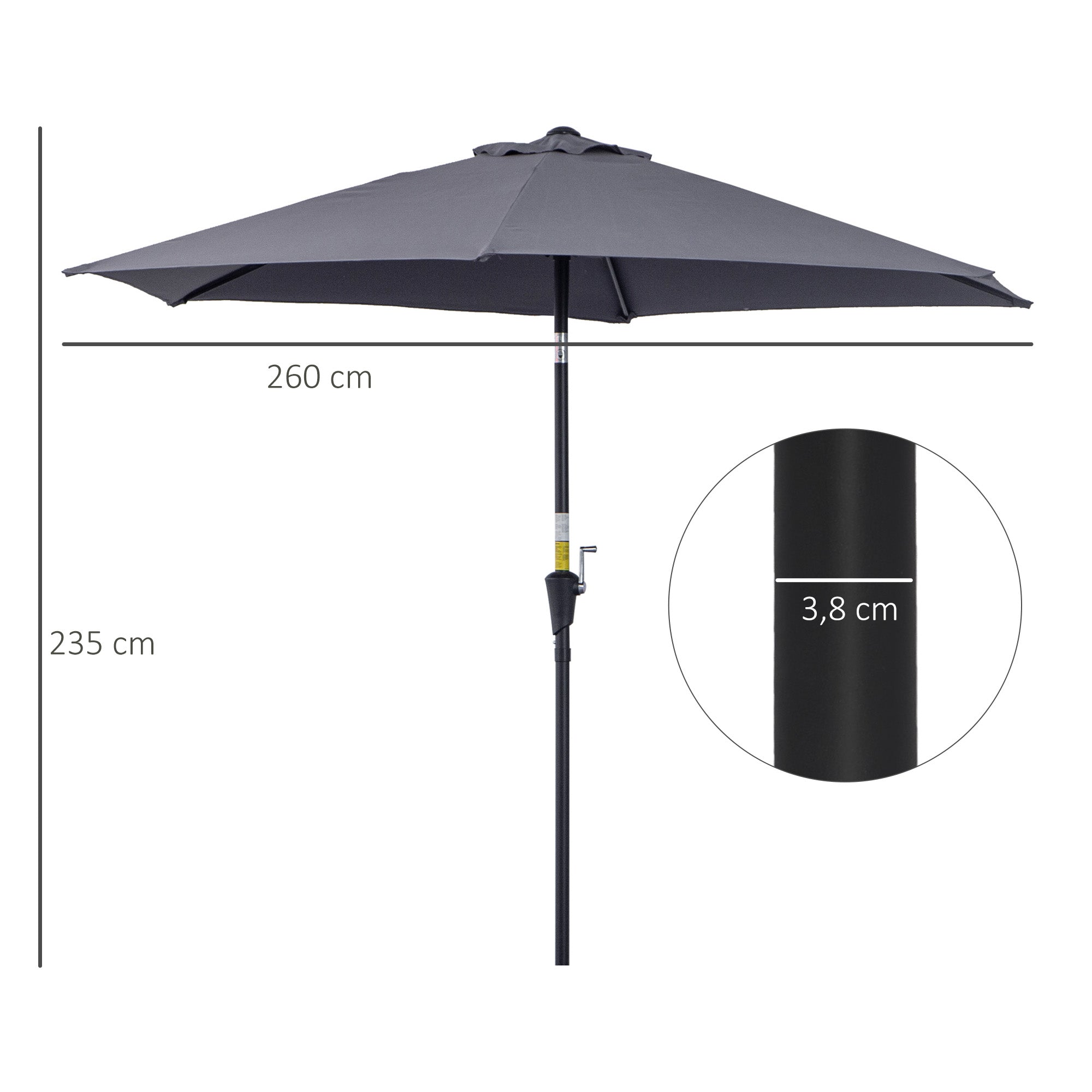 Aluminum Garden Umbrella Ø260x235 cm Reclining Patio Parasol with Crank and 6 Metal Rods for Outdoor Terrace Balcony Gray