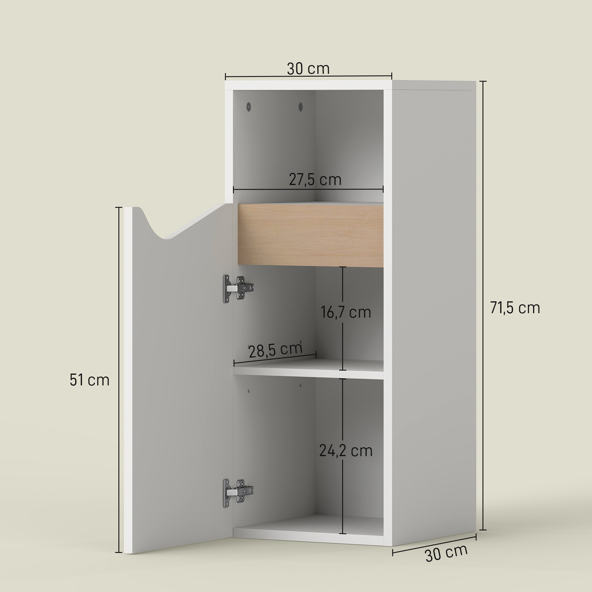 Narrow Bathroom Cabinet with Adjustable Shelves & Open Cubby, Soft‑Close Door — 11.8 x 11.8 x 28.1 in, White/Natural