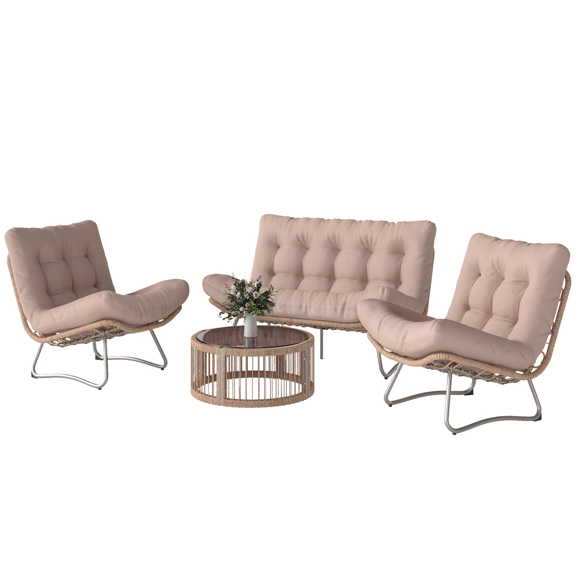 4-Piece Garden Furniture Set – PE Rattan Lounge with 2-Seater Sofa, 2 Chairs, Glass Table, Deep Seats & Thick Cushions, Modular Balcony/Patio Set for 4, Brown