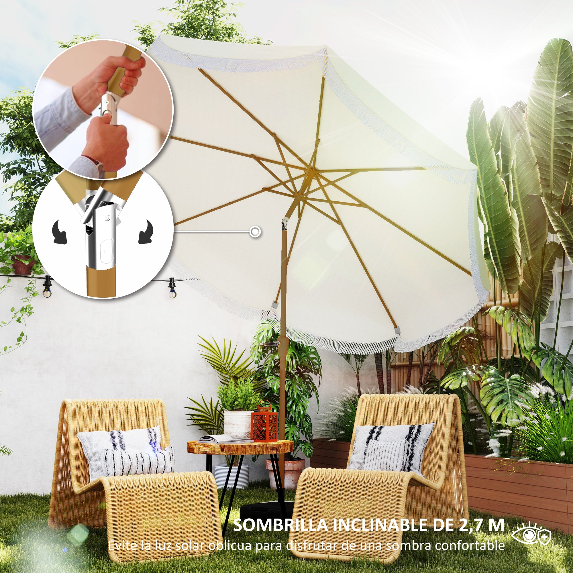 Patio Umbrella Ø269 cm Garden Umbrella with Adjustable Angle and Crank UV30+ Protection Parasol for Patio Terrace Beige