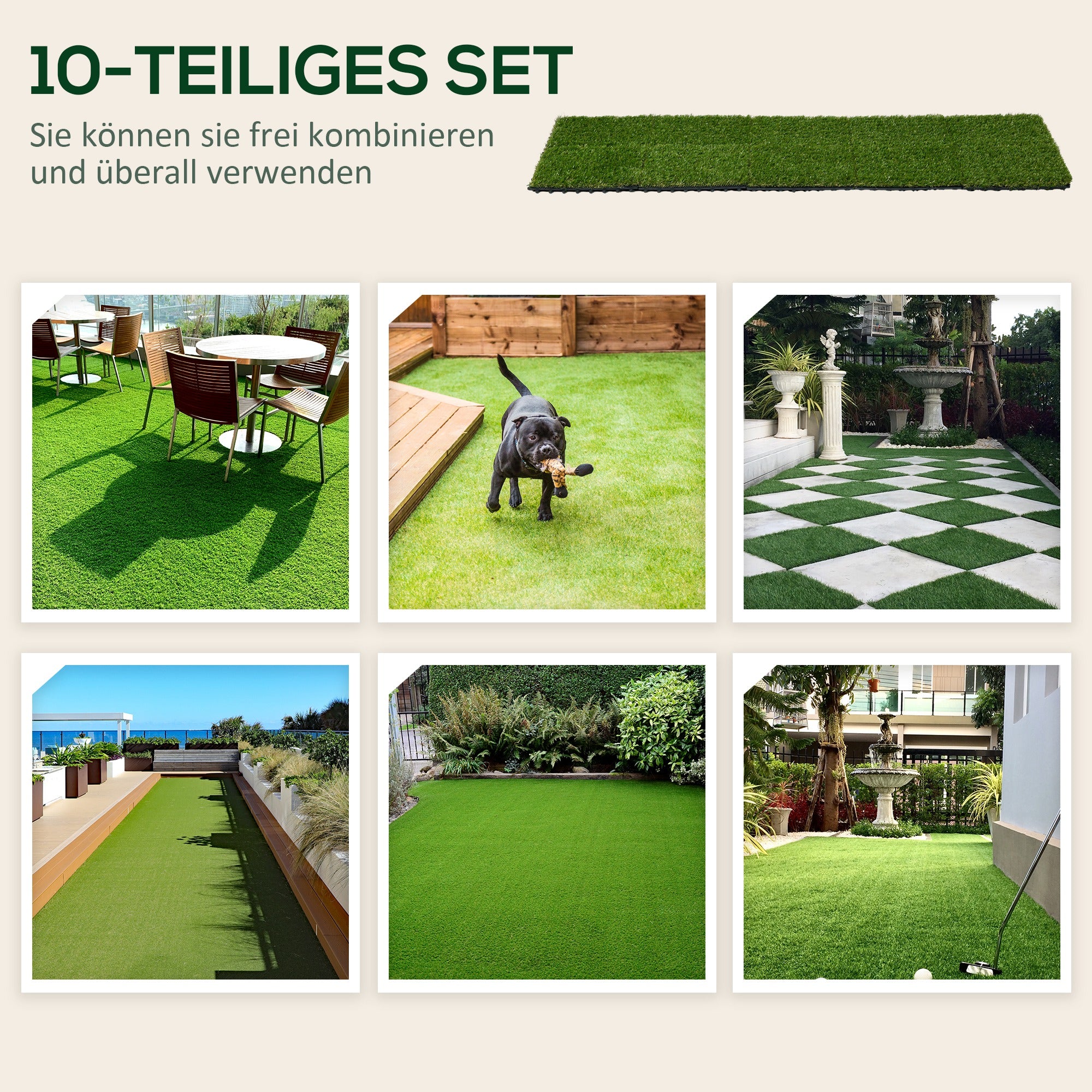 Artificial Grass 10 Pieces Lawn Carpet 30 x 30 cm Turf Mat Synthetic Grass Roll Lawn for Garden Balcony 25 mm Plastic Dark Green