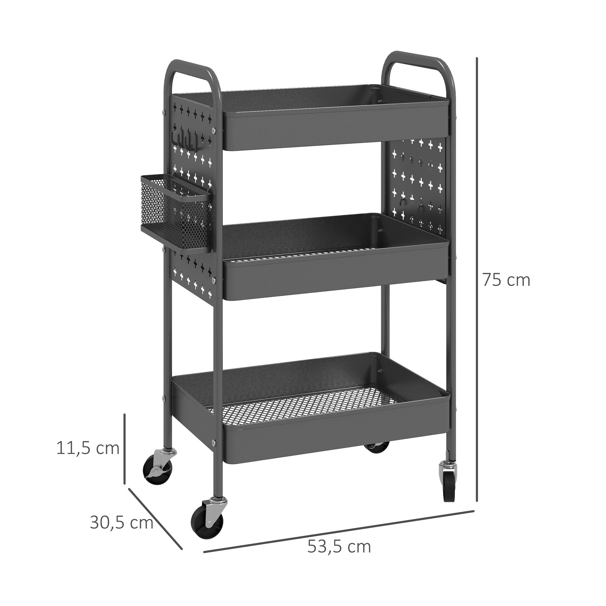 Rolling Cart, Serving Cart with 3 Tiers, 2 Hanging Baskets, Storage Cart with Handle, Kitchen Cart, Utility Cart for Kitchen, Living Room, Steel, Dark Grey